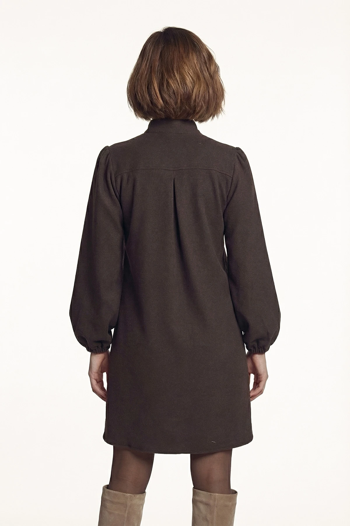 Kadın Koyu Kahve Yakası Bağlamalı Kolları Lastikli Kadife Elbise ARM-25K001087