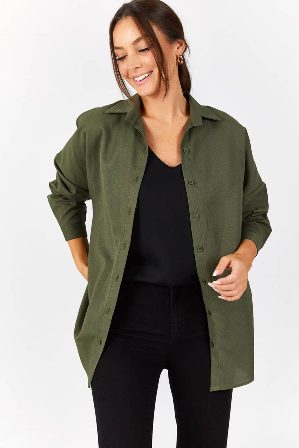 Kadın Haki Oversize Uzun Basic Gömlek ARM-22Y001118