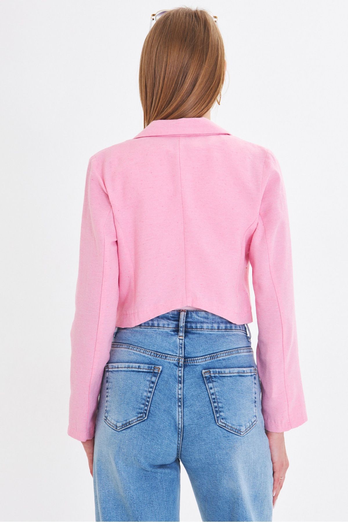 Kadın Pembe Tek Düğmeli Crop Ceket Arm-23y001064