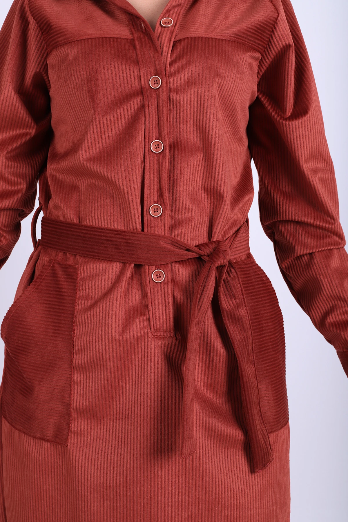 Kadın Kiremit Önden Düğmeli Cepli Kuşaklı Kadife Elbise ARM-25K001085