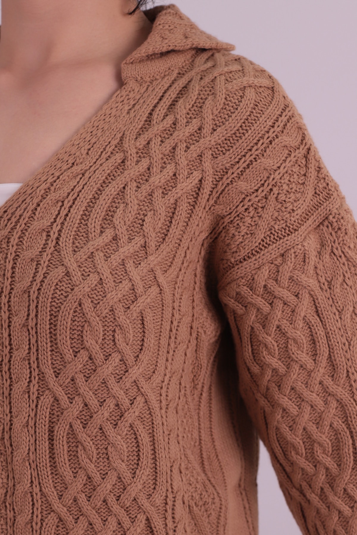 Kadın Camel V Yaka Triko Kazak ARM-26K136037