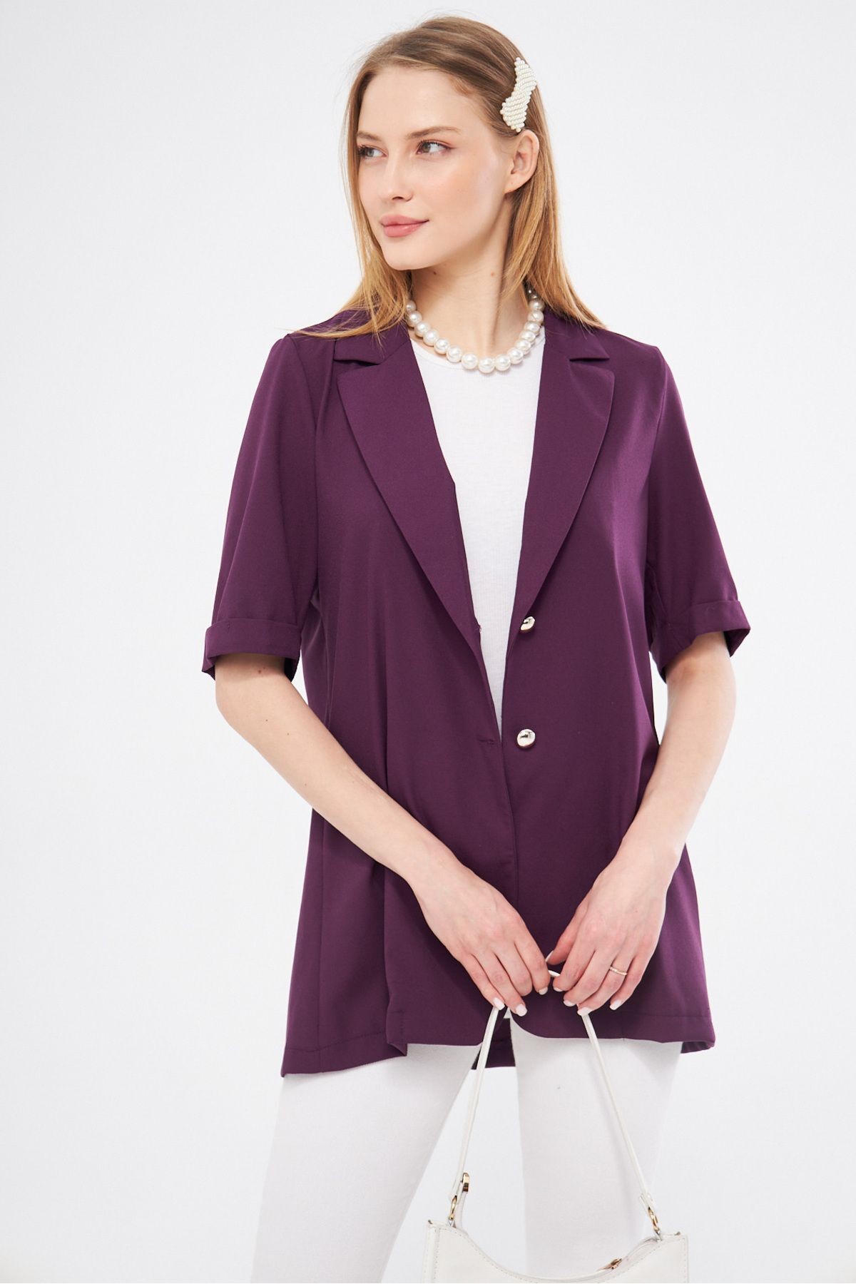 Kadın Mor Kısa Kol İki Düğmeli Oversize Ceket