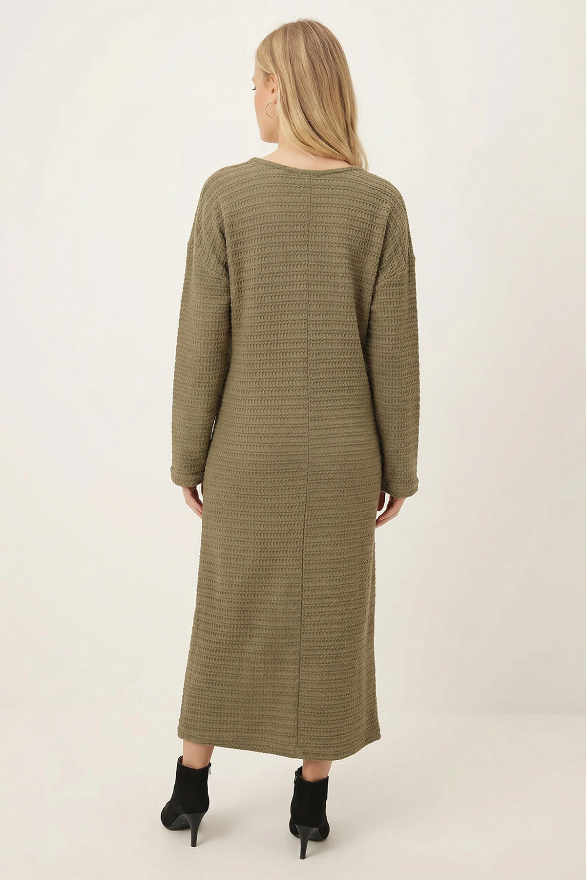 Kadın Haki Uzun Kollu Yumuşak Dokulu Salaş Elbise ARM-26K001078
