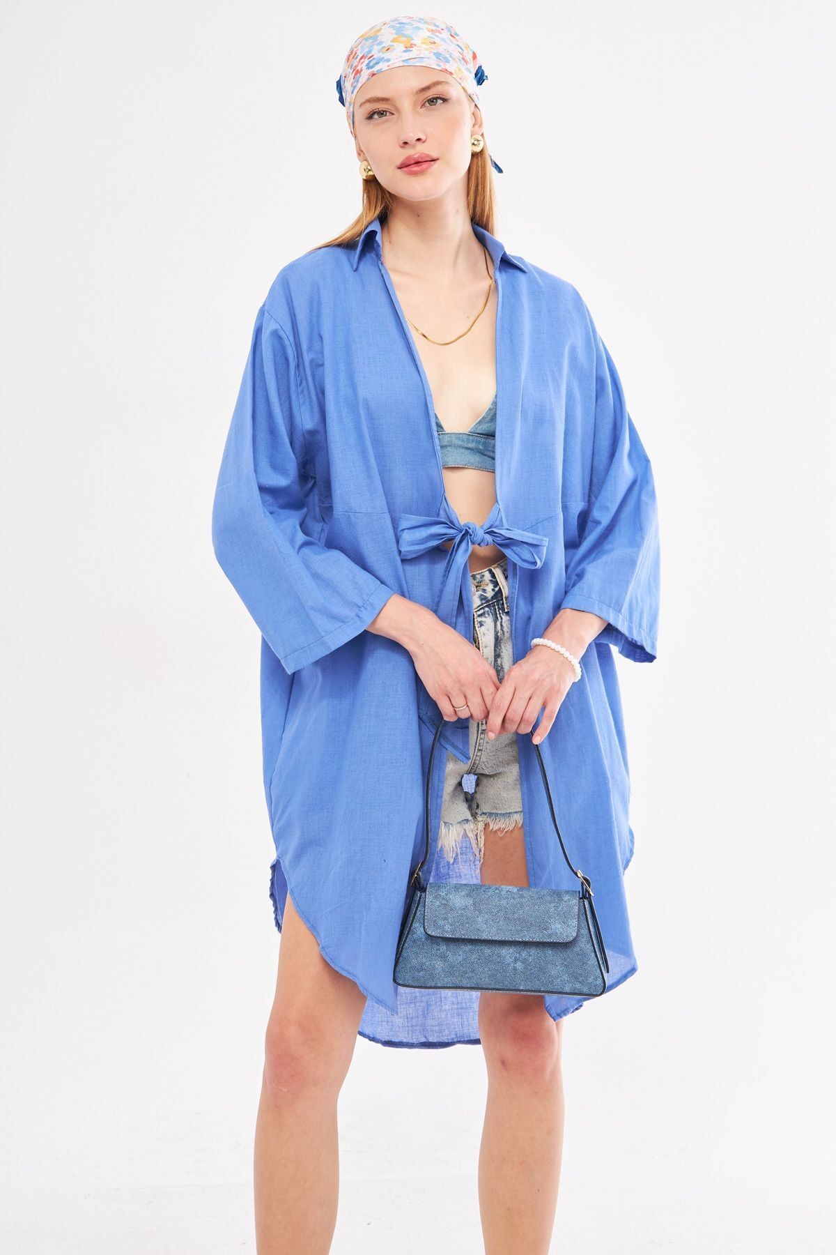 Kadın İndigo Önden Bağlamalı İnce Keten Kumaş Midi Boy Kimono Gömlek ARM-24Y001081