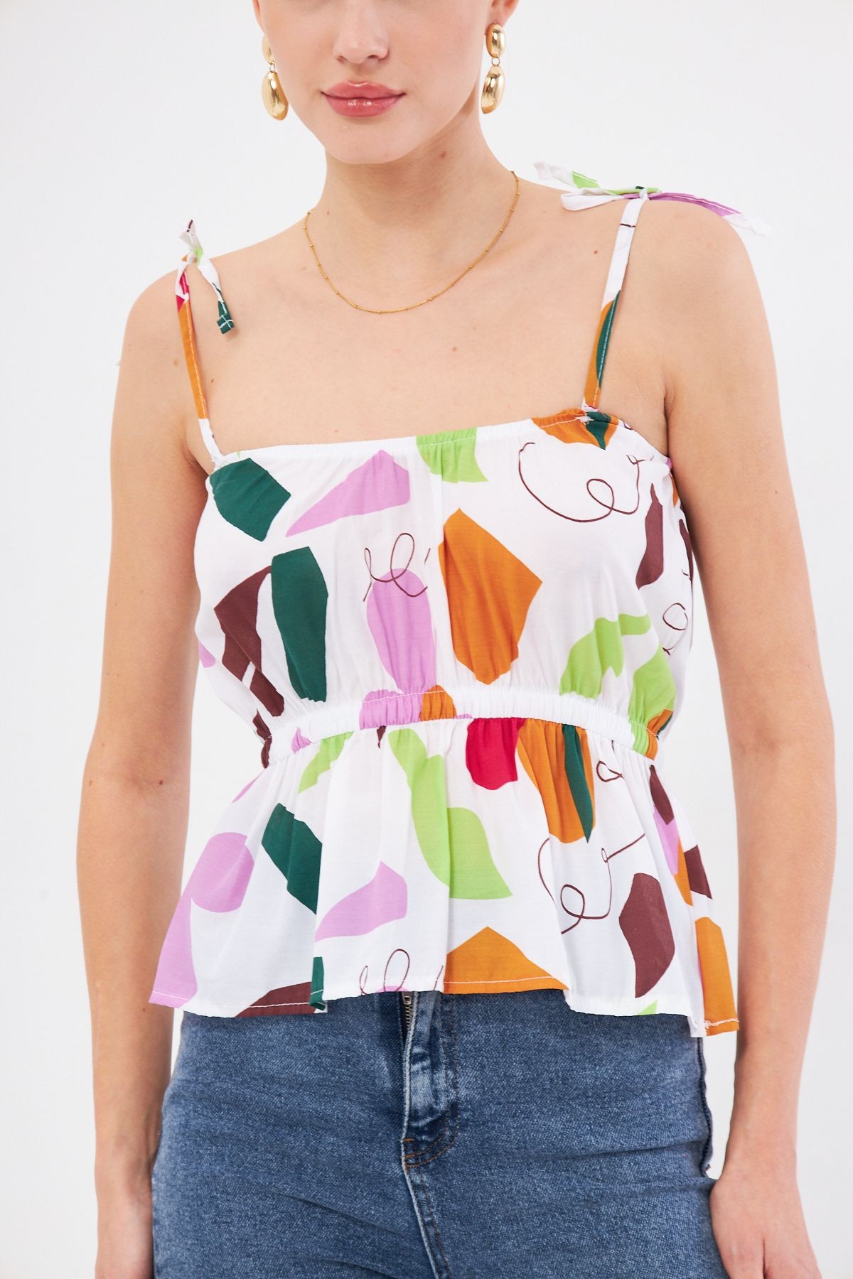 Kadın Lila Desenli Beli Lastikli Askıları Bağlama Detaylı Straplez Crop Bluz ARM-24Y001116