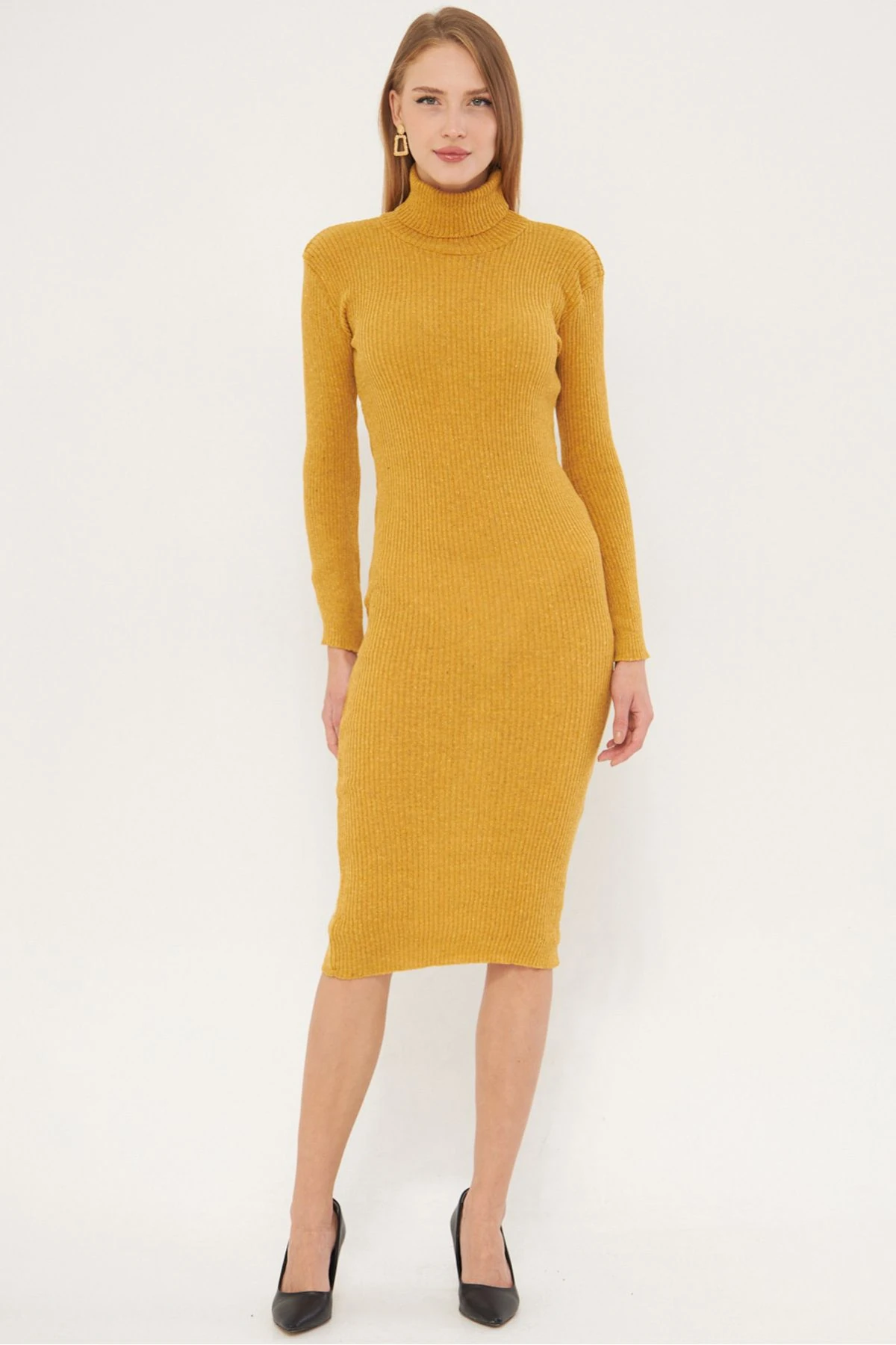 Kadın Hardal Boğazlı Vücuda Oturan Kaşkorse Elbise ARM-25K069001