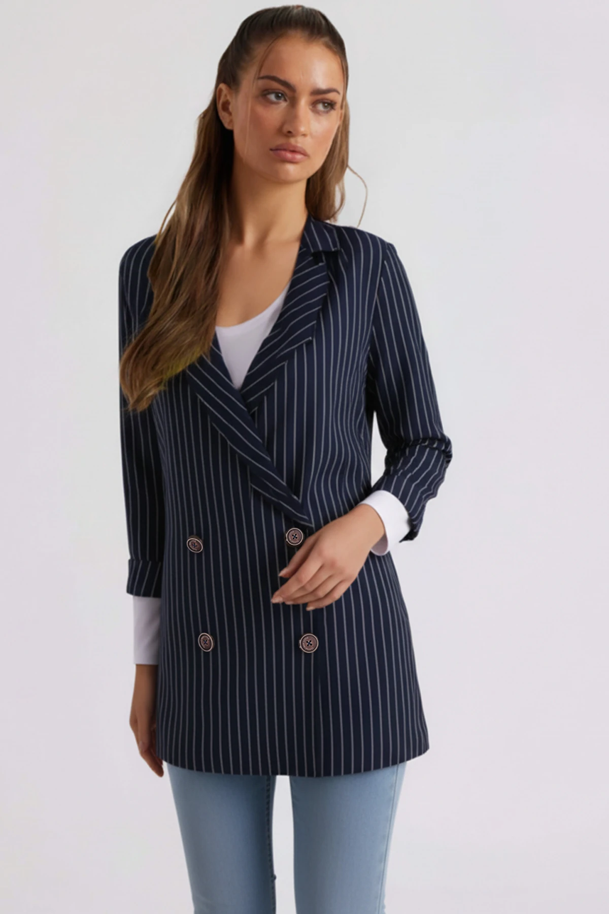 Kadın Lacivert Oversize Duble Kol Kruvaze Yaka Astarlı Blazer Ceket ARM-26K001052