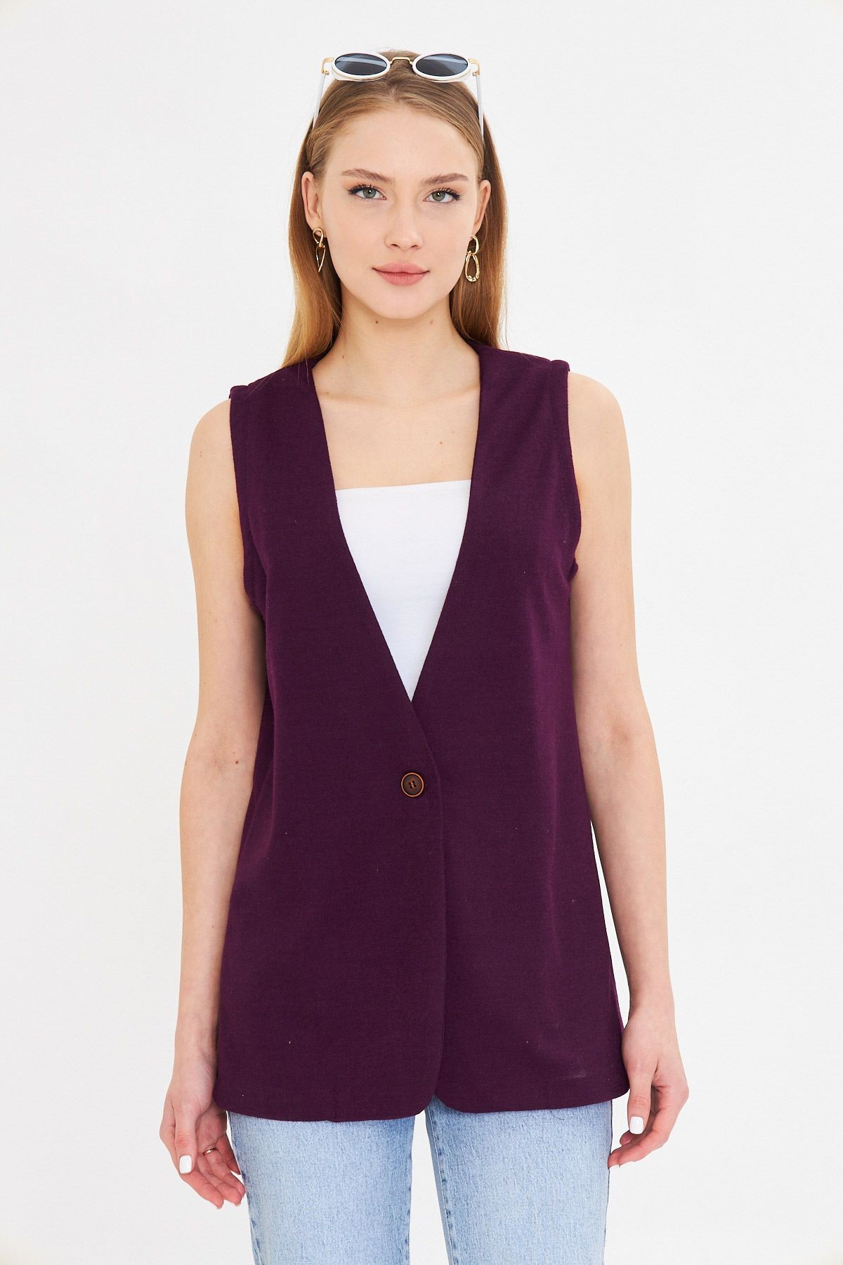 Kadın Mor V Yaka Tek Düğmeli Oversize Desenli Yelek ARM-25K001110