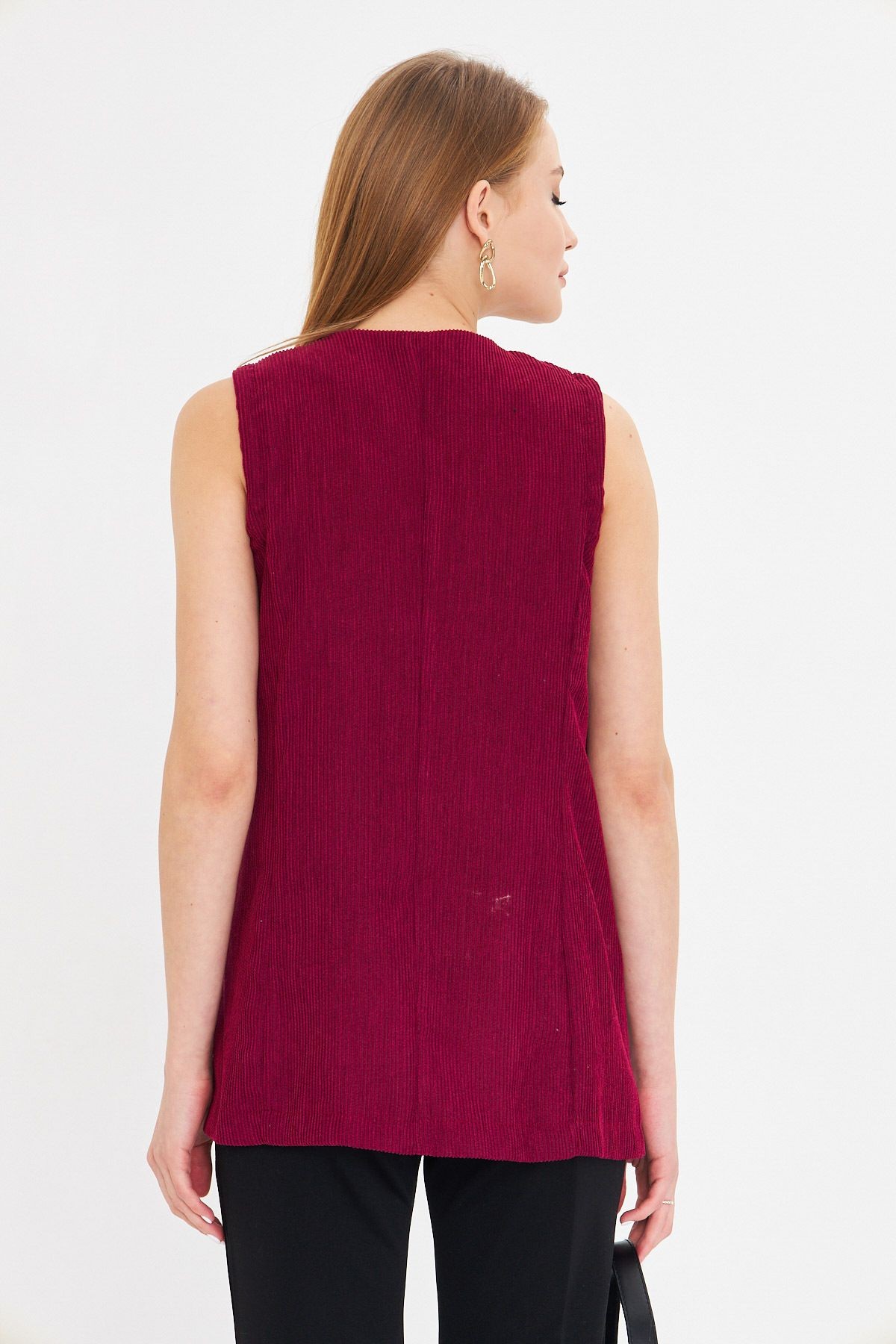 Kadın Mürdüm V Yaka Tek Düğmeli Oversize Kalın Fitilli Kadife Yelek ARM-25K001016