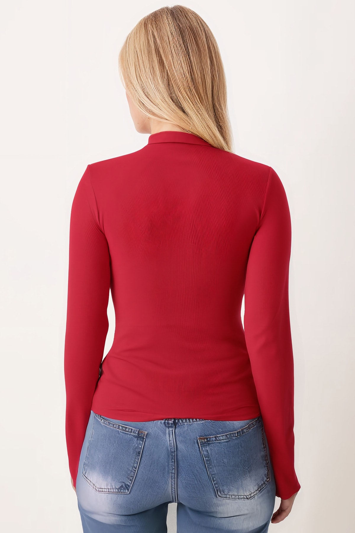 Kadın Kırmızı Yarım Balıkçı Parmak Geçmeli Body ARM-26K135002