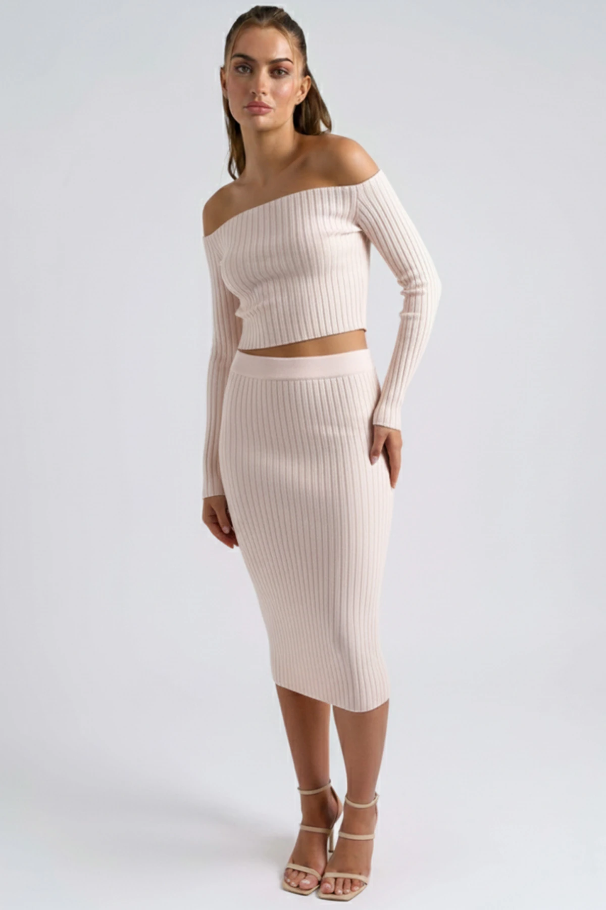 Kadın Ekru Kayık Yaka Selanik Örgü Triko Etekli İkili Takım ARM-26K136032