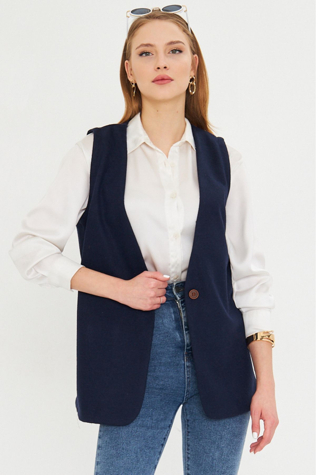 Kadın Lacivert V Yaka Tek Düğmeli Oversize Desenli Yelek ARM-25K001110