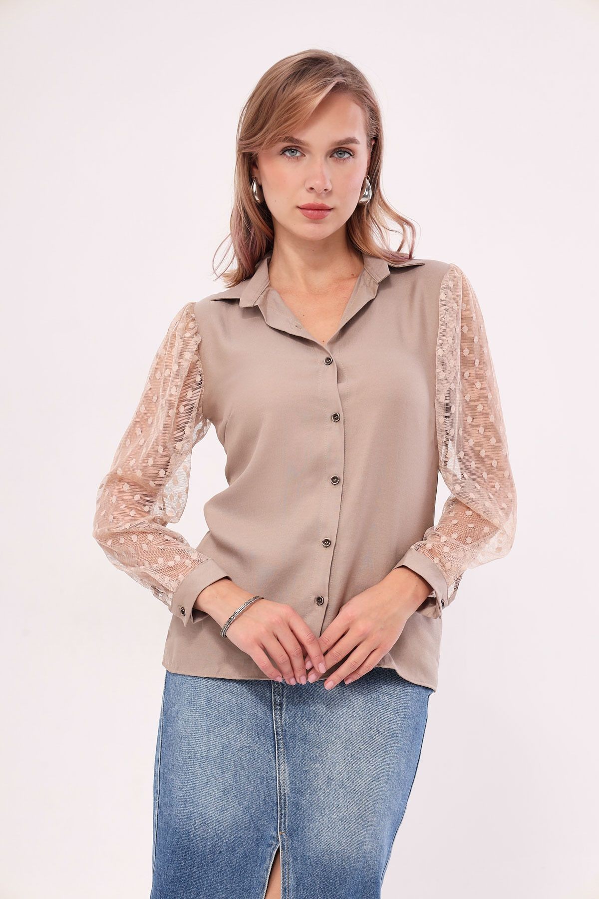 Kadın Bej Kolları Tül Gömlek ARM-20K001068