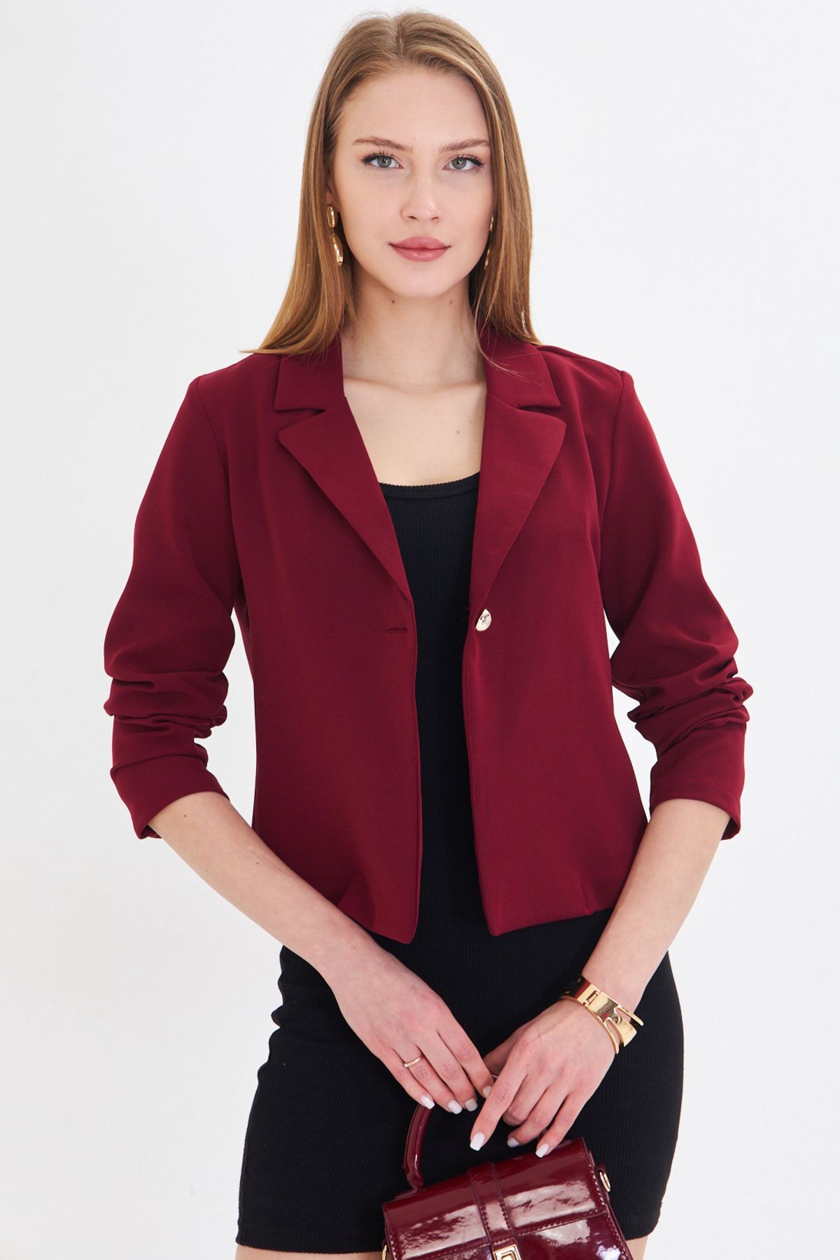 Kadın Bordo Tek Düğmeli Crop Ceket Arm-22y001237
