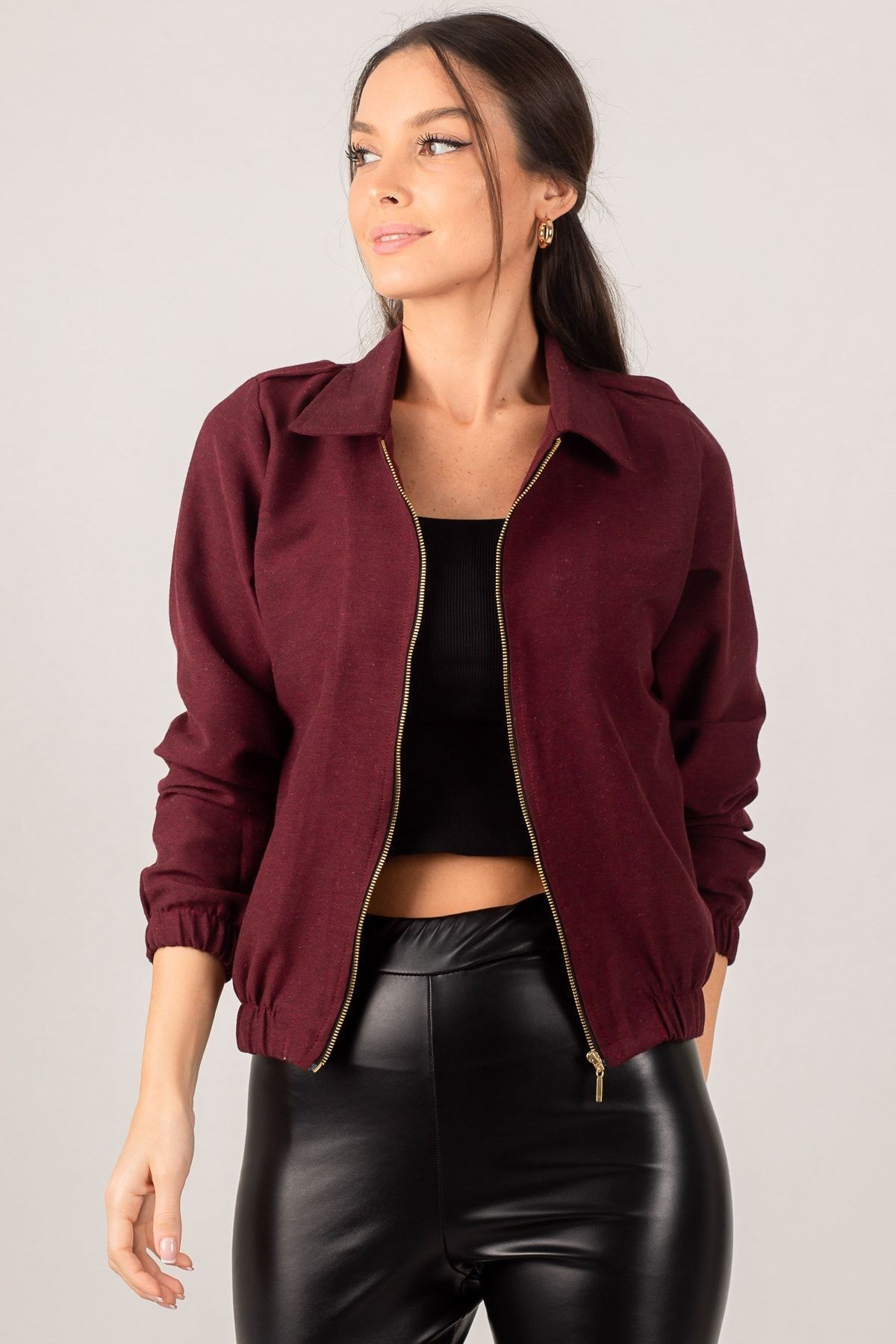 Kadın Bordo Önü Fermuarlı Gabardin Mont ARM-22K001068