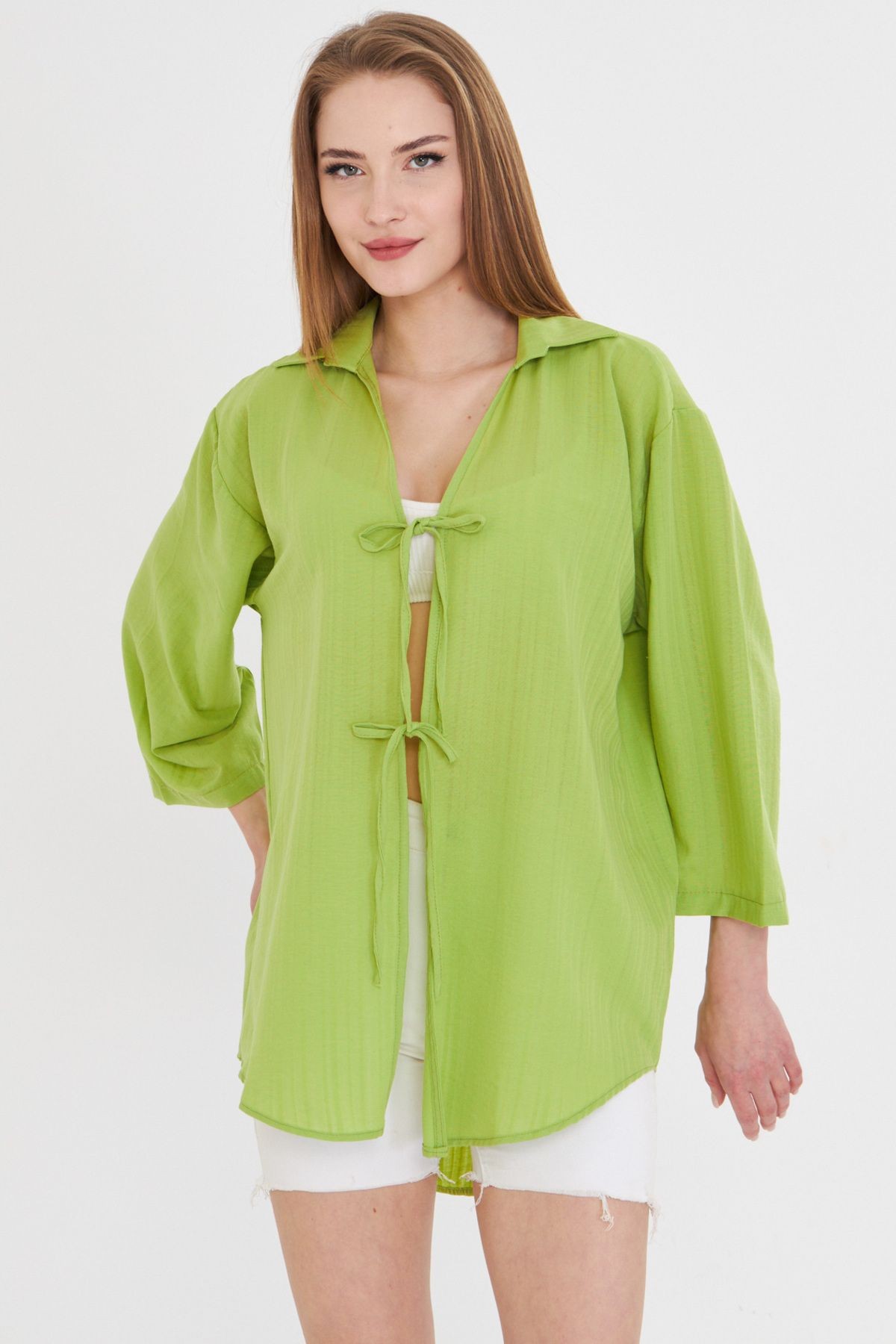 Kadın Fıstık Yeşili Gömlek Yakalı Önden Bağcıklı Kimono Gömlek ARM-25K001006