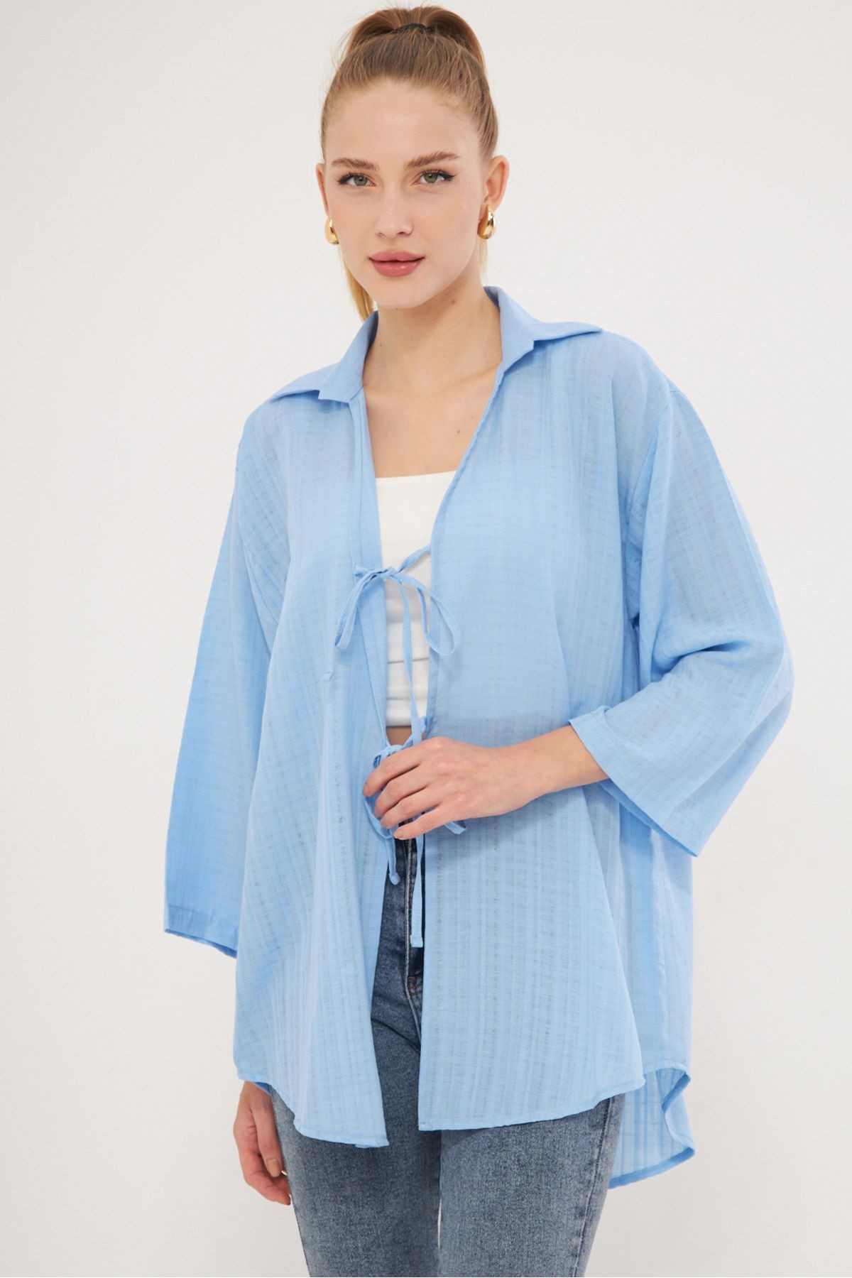 Kadın Bebe Mavi Gömlek Yakalı Önden Bağcıklı Kimono Gömlek ARM-25K001006