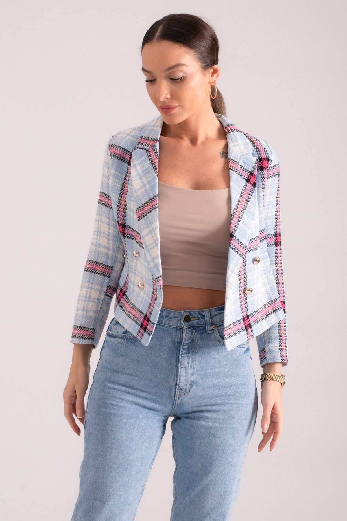 Kadın Mavi-Fuşya Kruvaze Yaka Tüvit Crop Ceket  ARM-24K001014