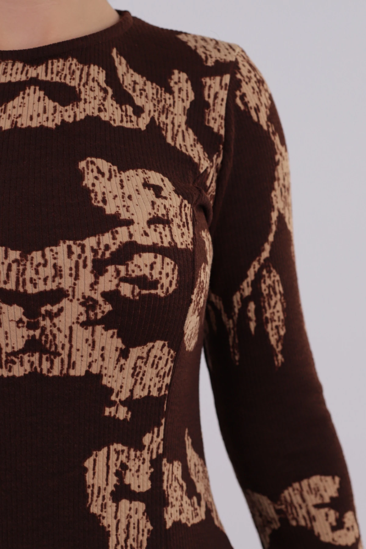 Kadın Kahve-Bej Sıfır Yaka Uzun Kollu Elbise ARM-26K001029