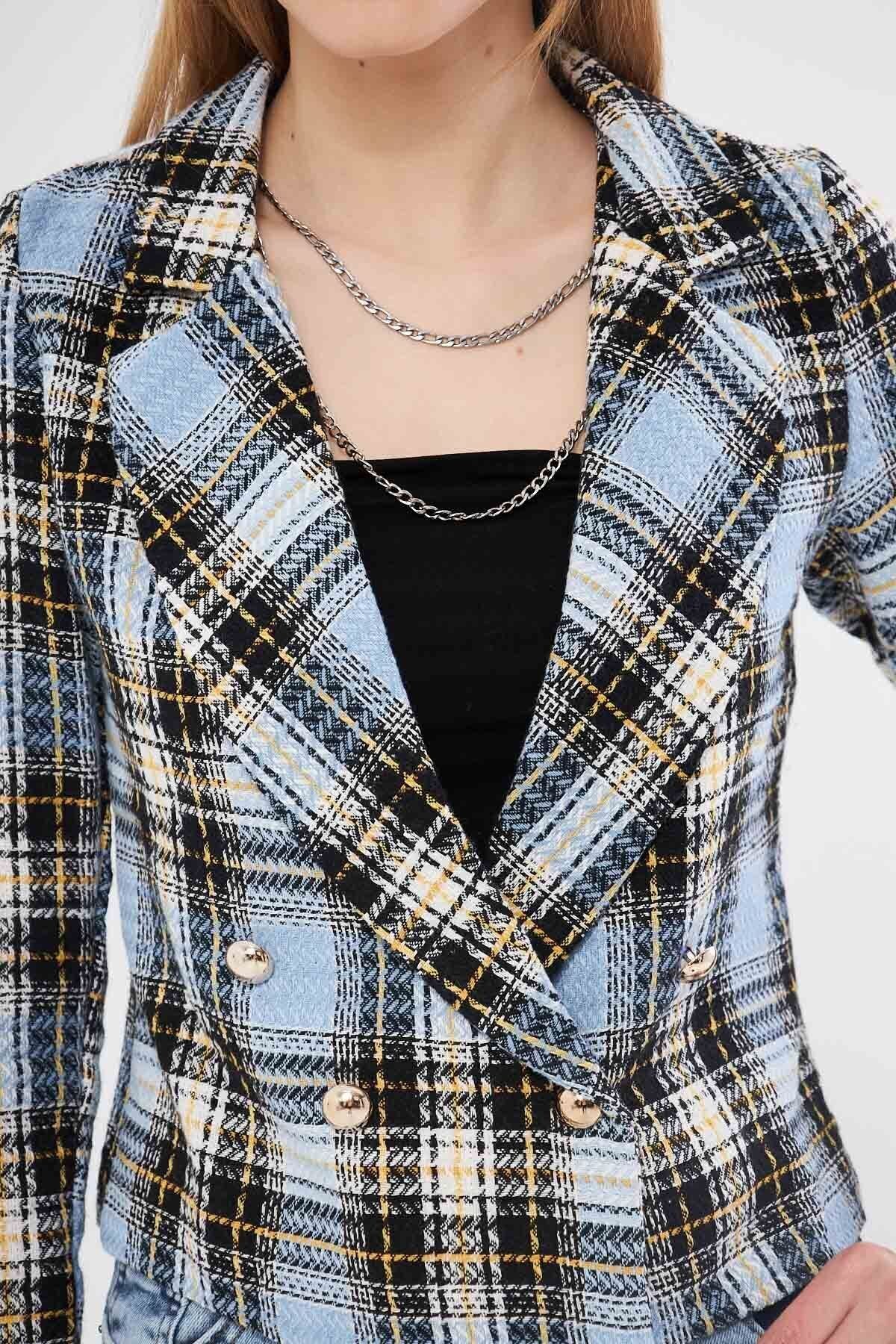 Kadın Bebe Mavi Kruvaze Yaka Tüvit Crop Ceket ARM-24K001014