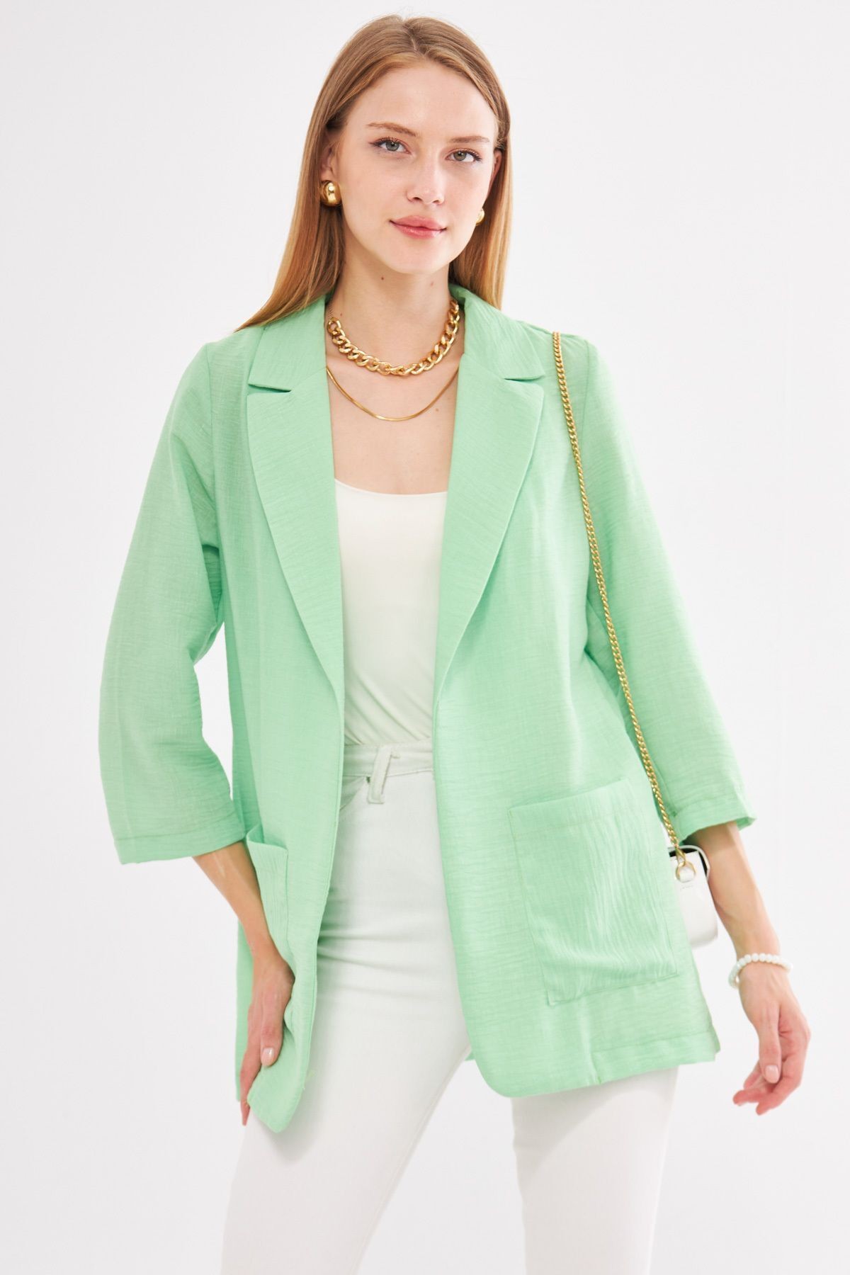 Kadın Neon Yeşil Keten Görünümlü Cepli Oversize Ceket ARM-24Y001065