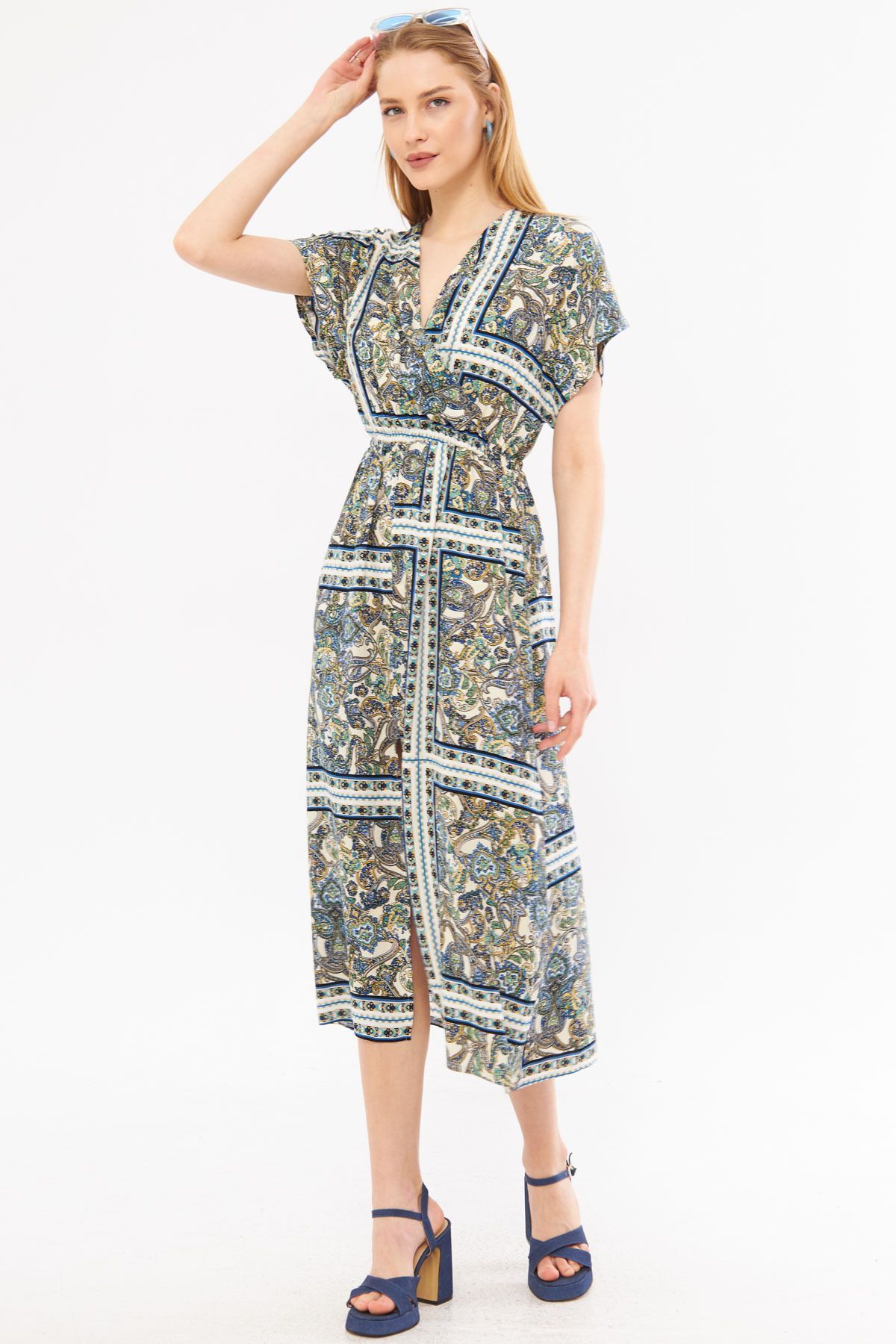 Kadın Lacivert Kruvaze Yaka Yarasa Kol Beli Lastikli Önden Yırtmaçlı Uzun Elbise ARM-24Y001059