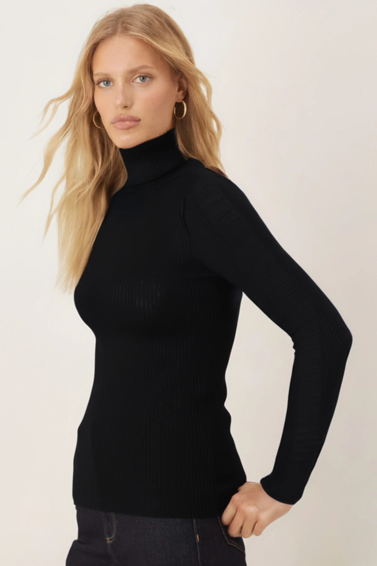 Kadın Siyah Balıkçı Yaka Kolu Şeritli Yumuşak Dokulu Bluz ARM-26K001043