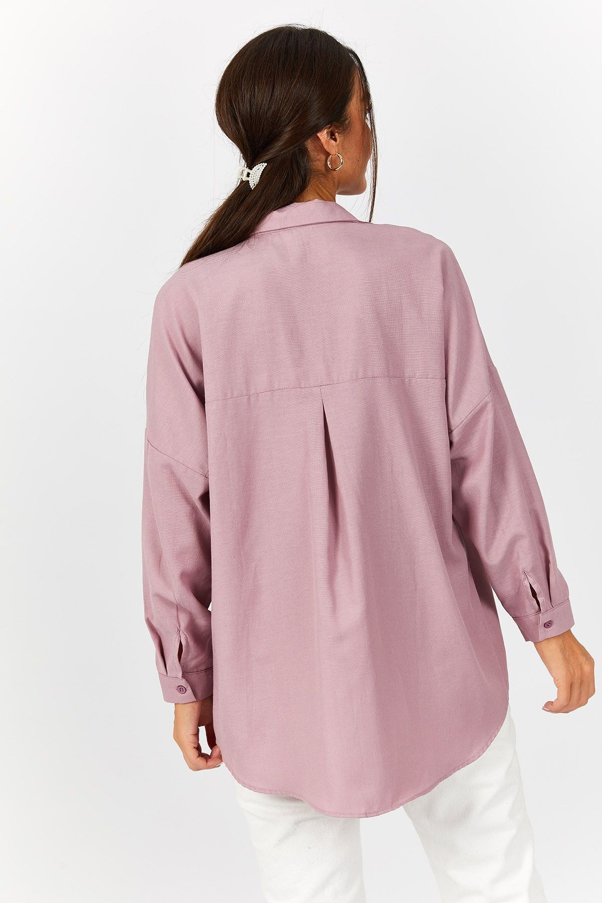 Kadın Pembe Oversize Uzun Basic Gömlek Arm-22y001118