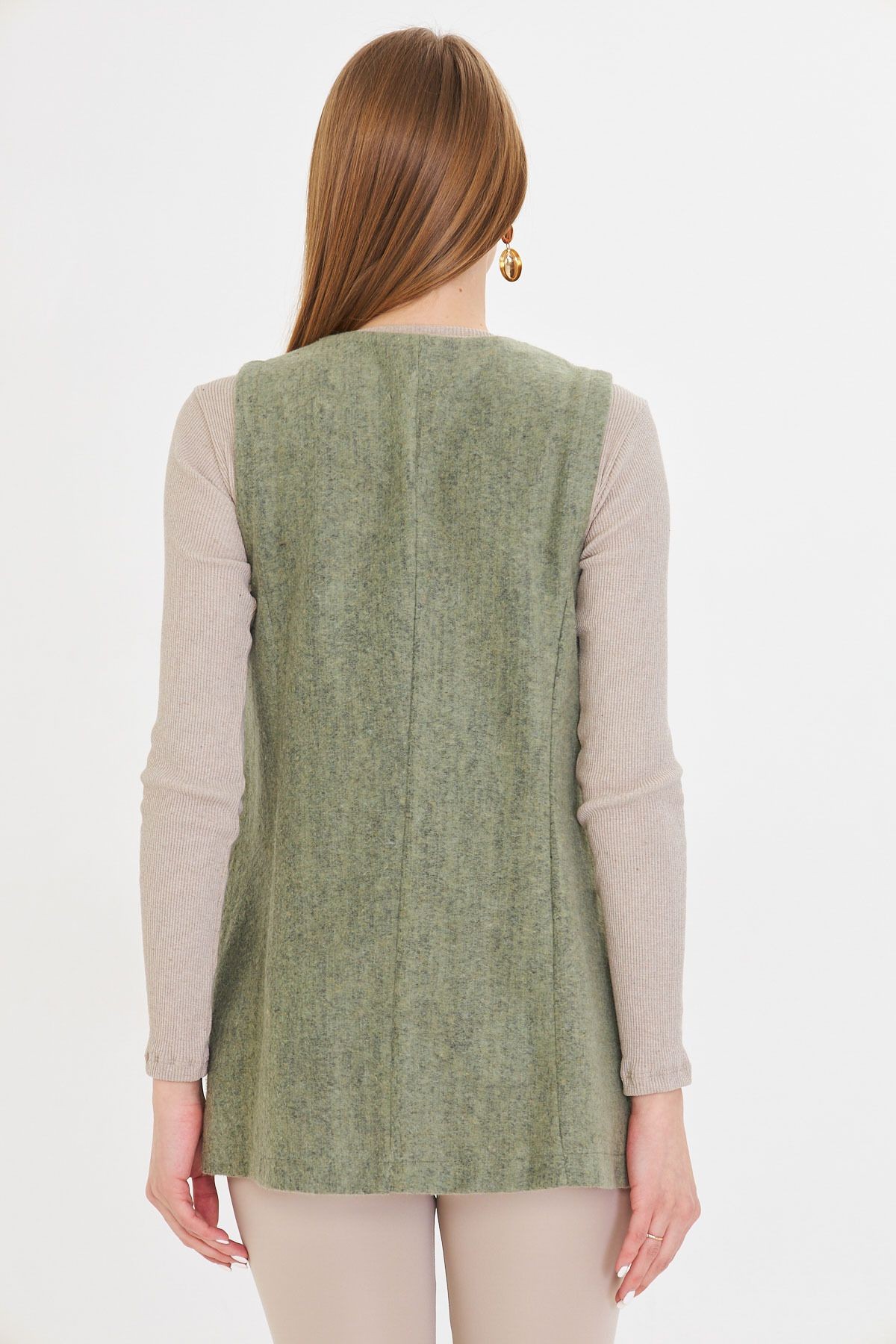 Kadın Yeşil V Yaka Tek Düğmeli Oversize Desenli Yelek ARM-25K001110