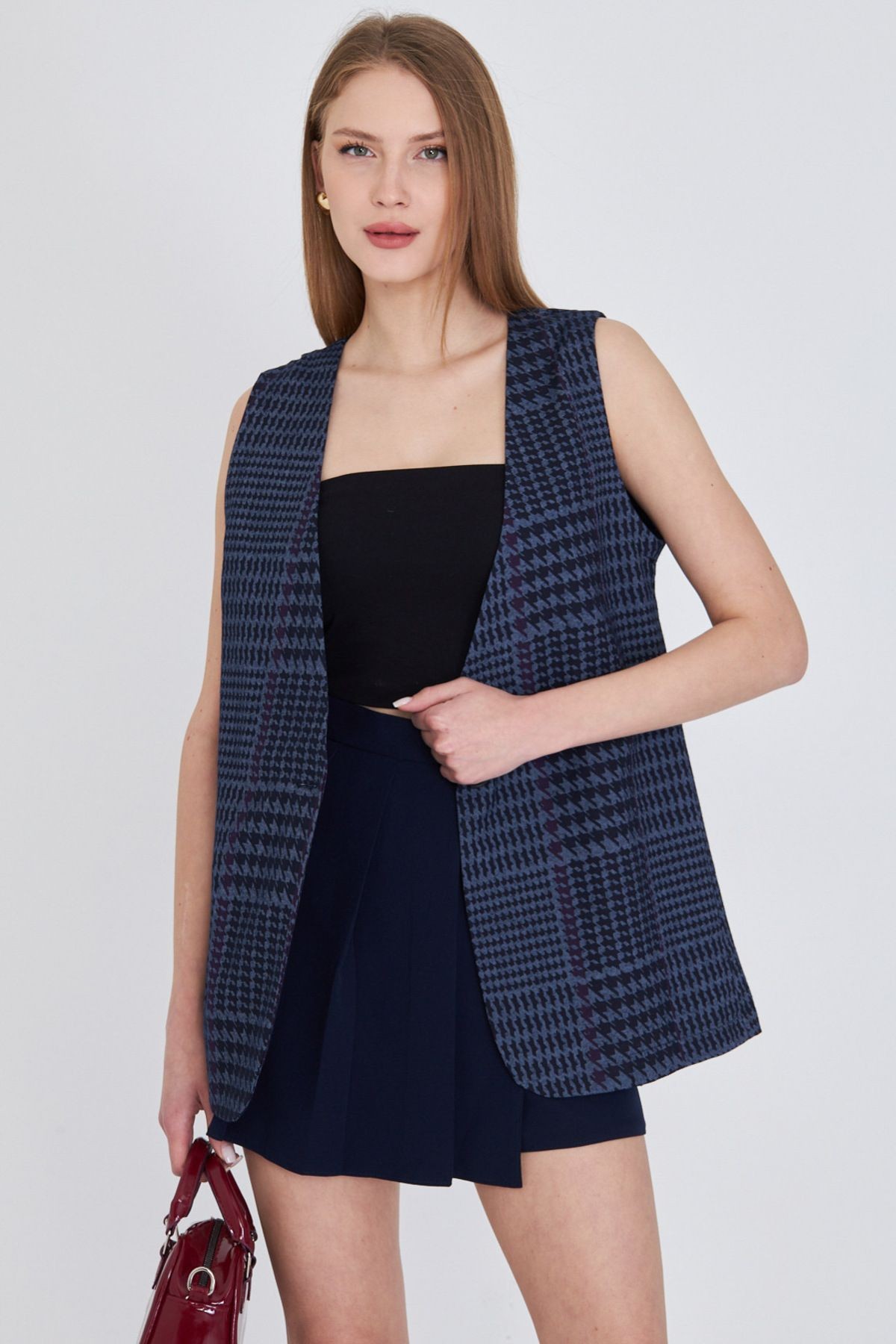Kadın Lacivert V Yaka Tek Düğme Oversize Desenli Yelek ARM-25Y001032