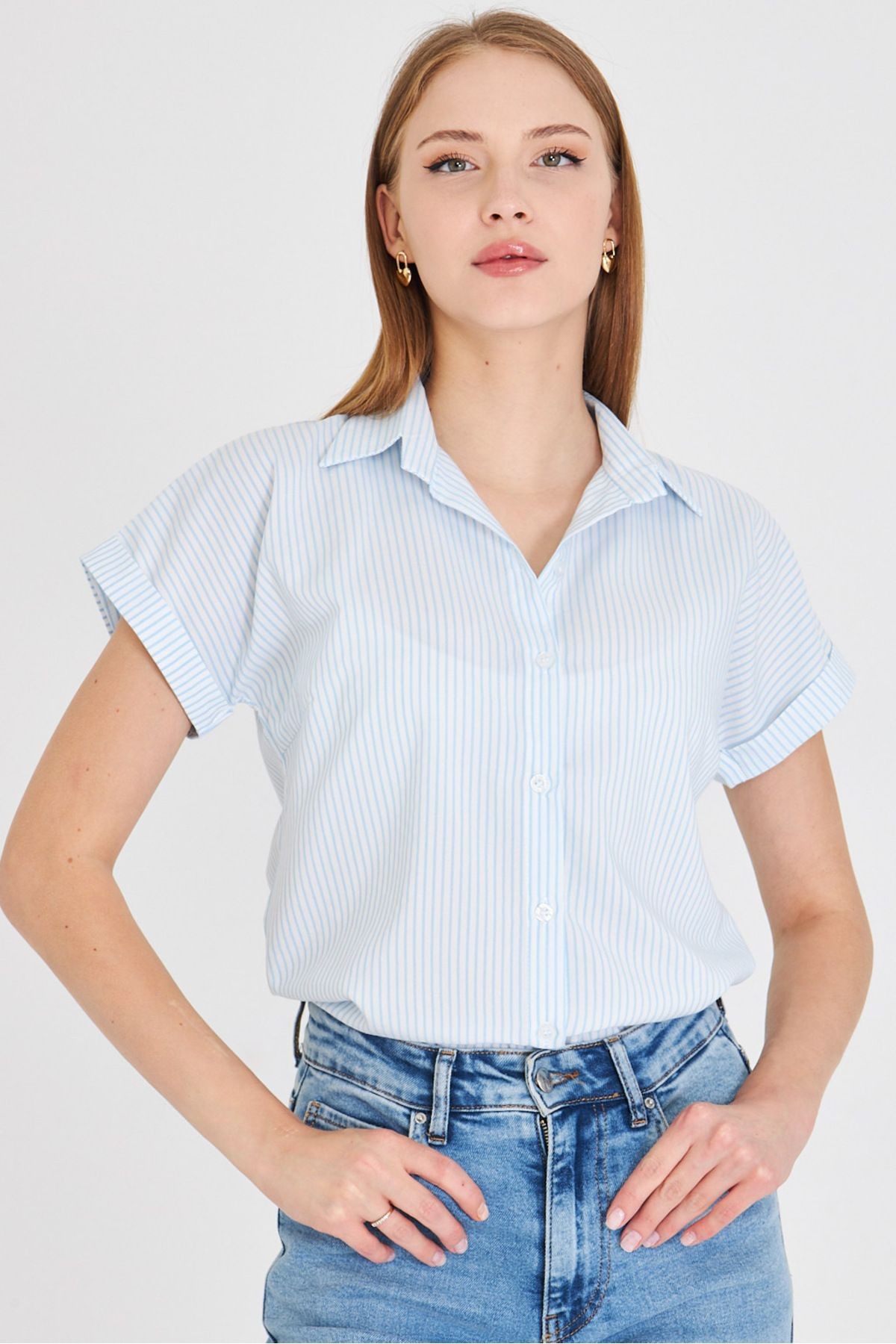Kadın Bebe Mavi Çizgili Kısa Kol Gömlek ARM-25Y001059