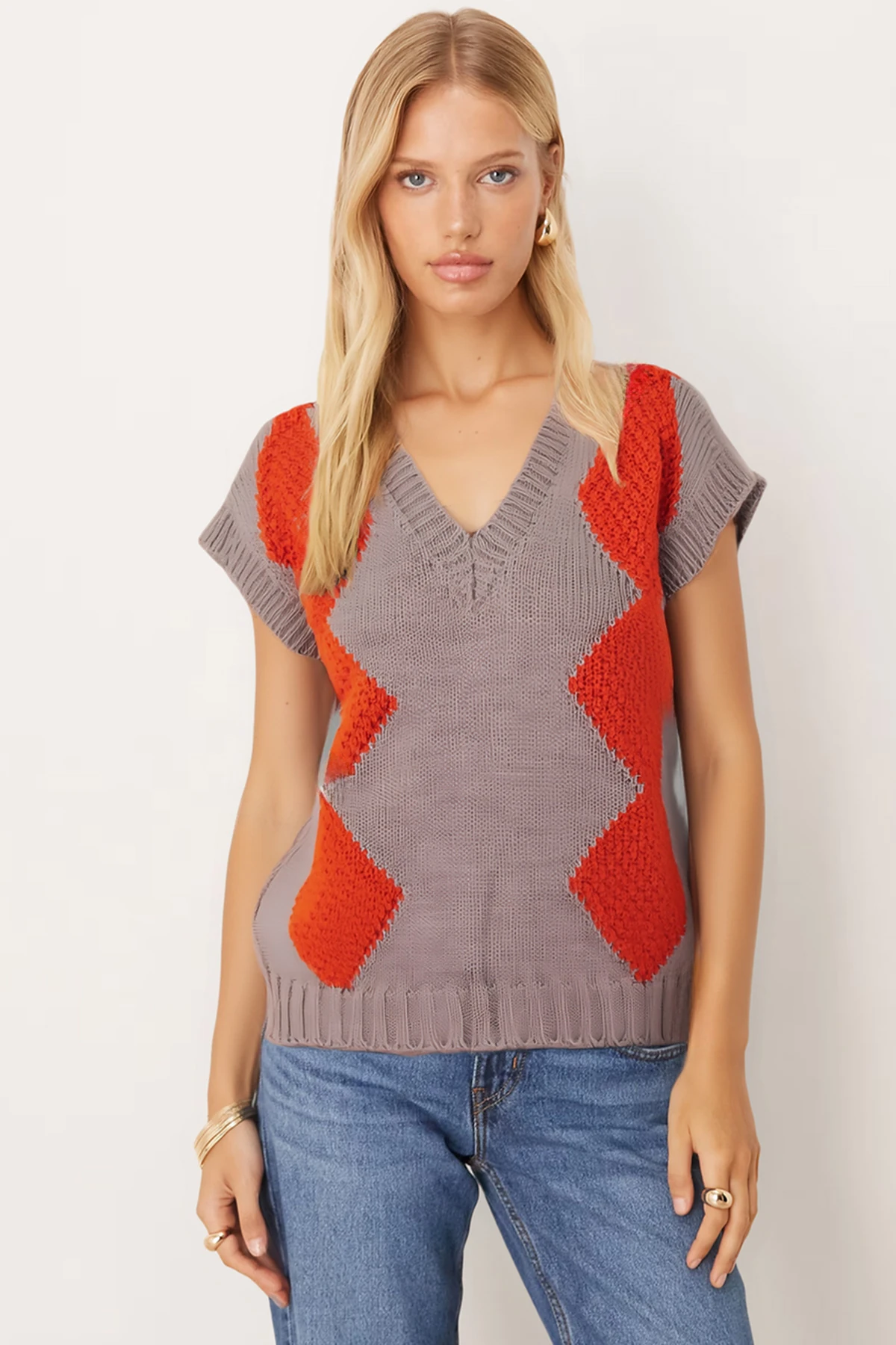 Kadın Turuncu V Yaka Baklava Desen Triko Süveter ARM-26K136024