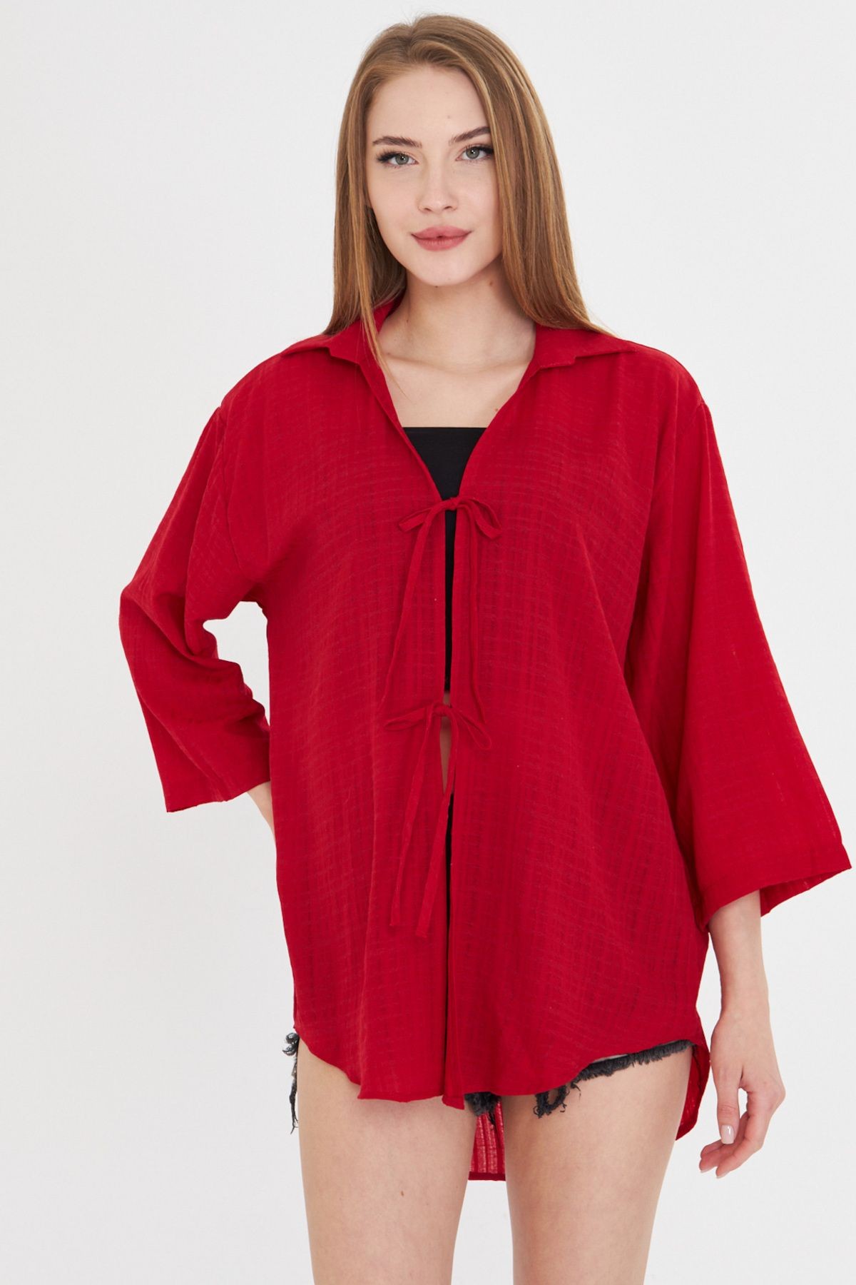 Kadın Kırmızı Gömlek Yakalı Önden Bağcıklı Kimono Gömlek ARM-25K001006
