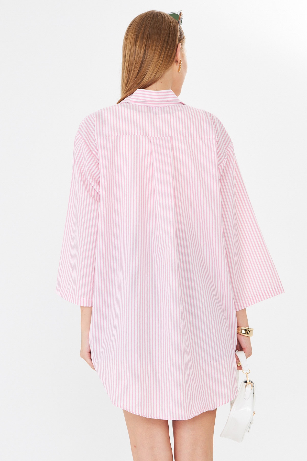 Kadın Pembe Çizgili Önden Bağlamalı Kimono Gömlek ARM-25Y001085