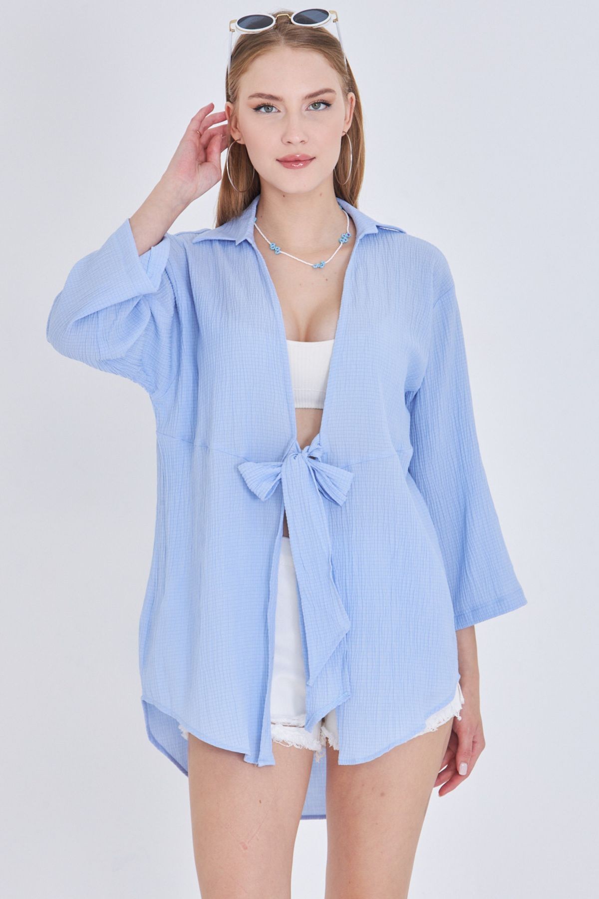 Kadın Bebe Mavi Keten Görünümlü Önden Bağlamalı Kimono Gömlek ARM-24Y001063