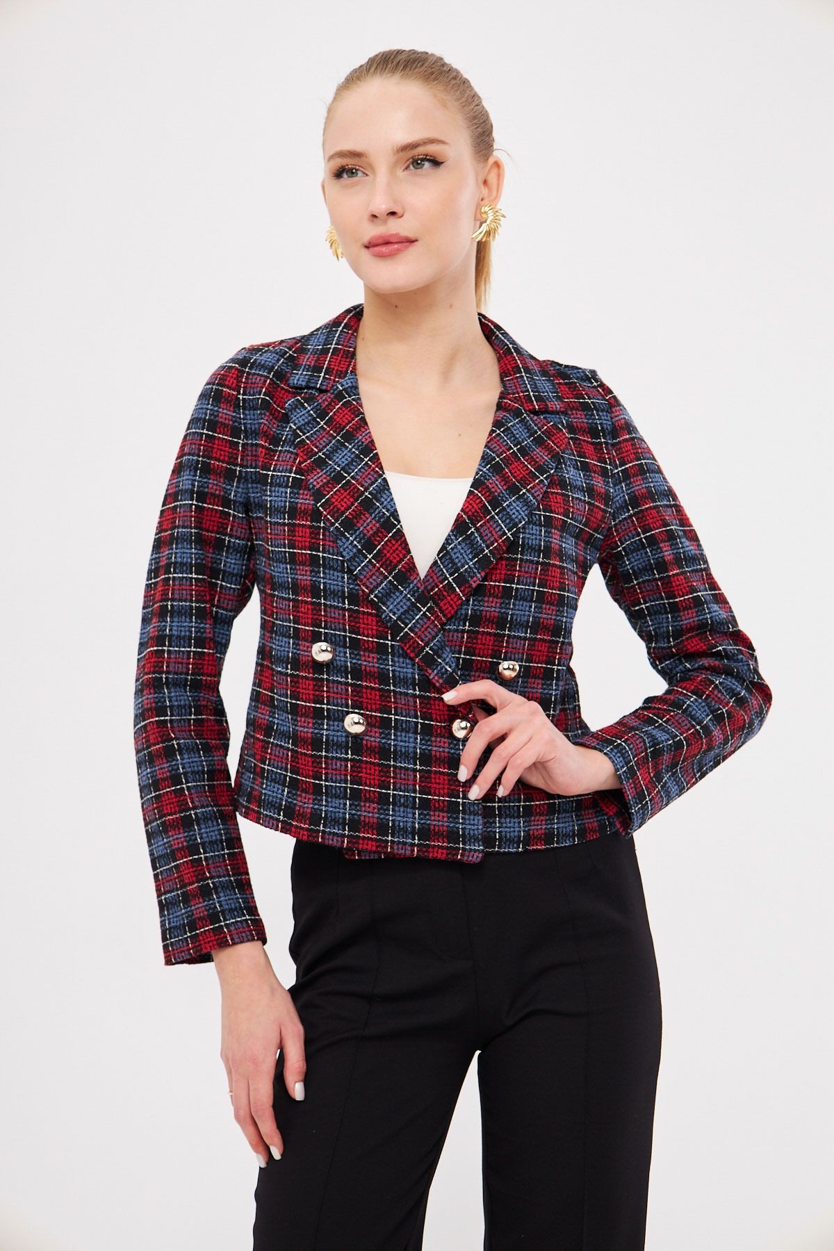 Kadın Kırmızı Lacivert Kruvaze Yaka Tüvit Crop Ceket ARM-24K001014