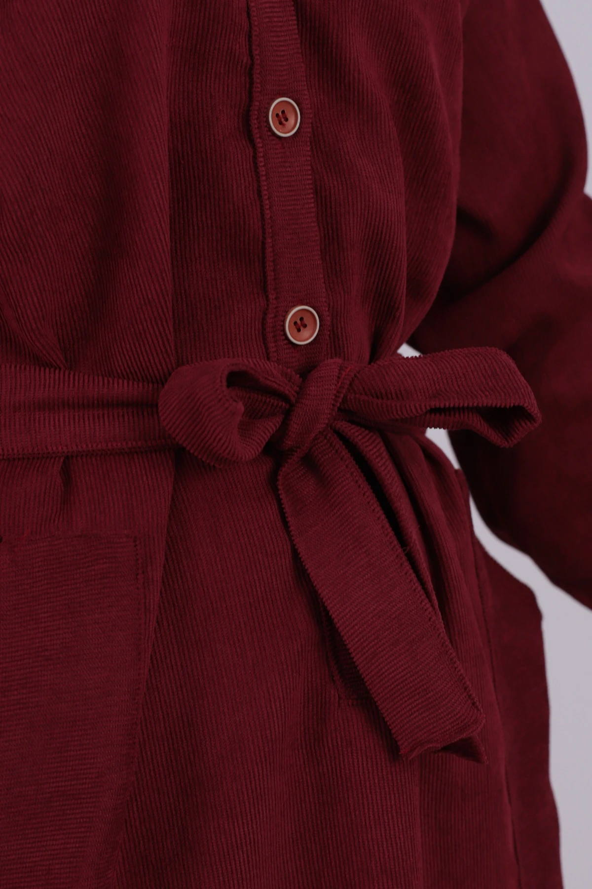 Kadın Bordo Önden Düğmeli Cepli Kuşaklı Kadife Elbise ARM-25K001085
