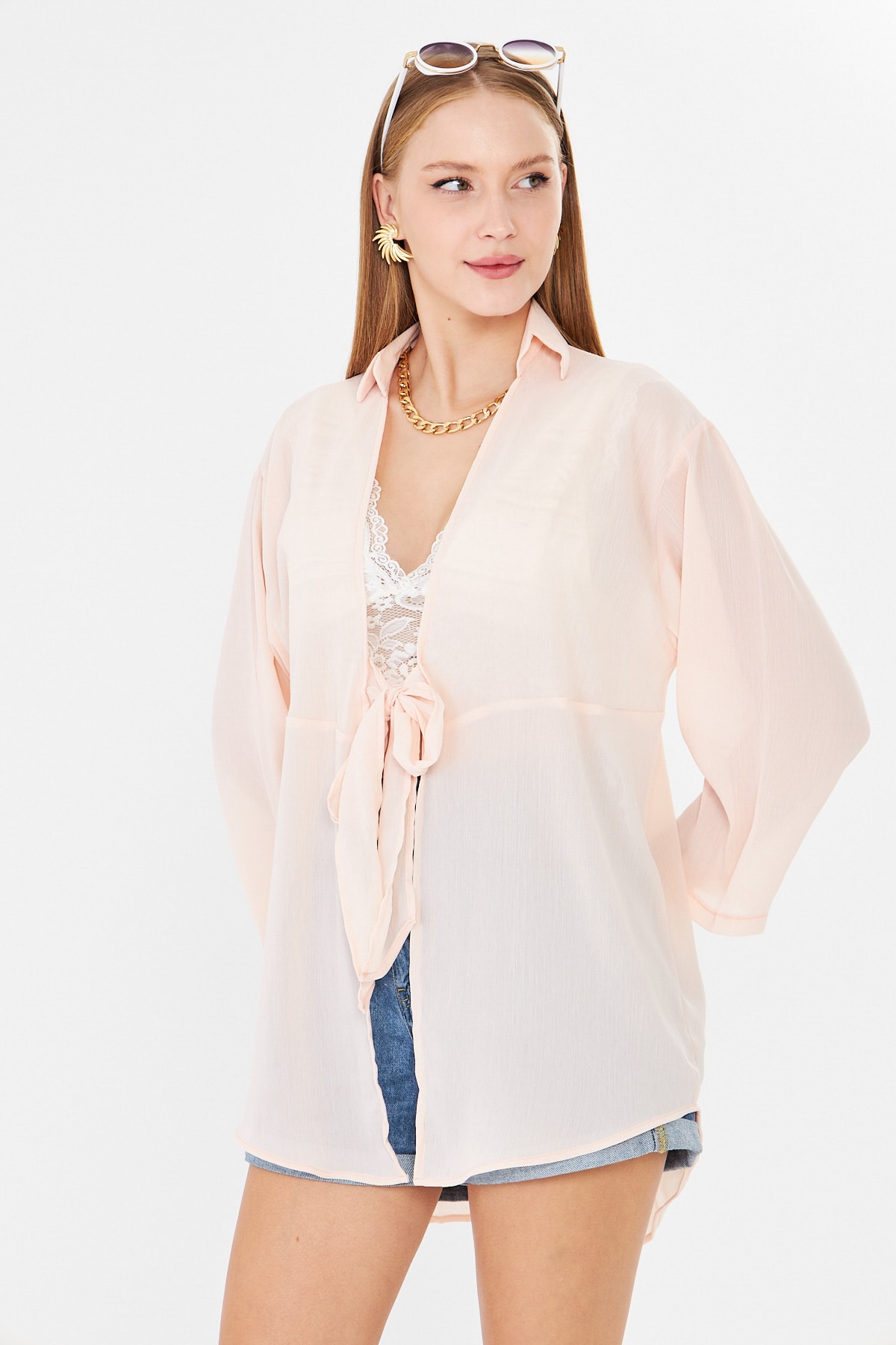 Kadın Açık Pudra Kendinden Çizgili Önden Bağlamalı Kimono Gömlek ARM-24Y001101