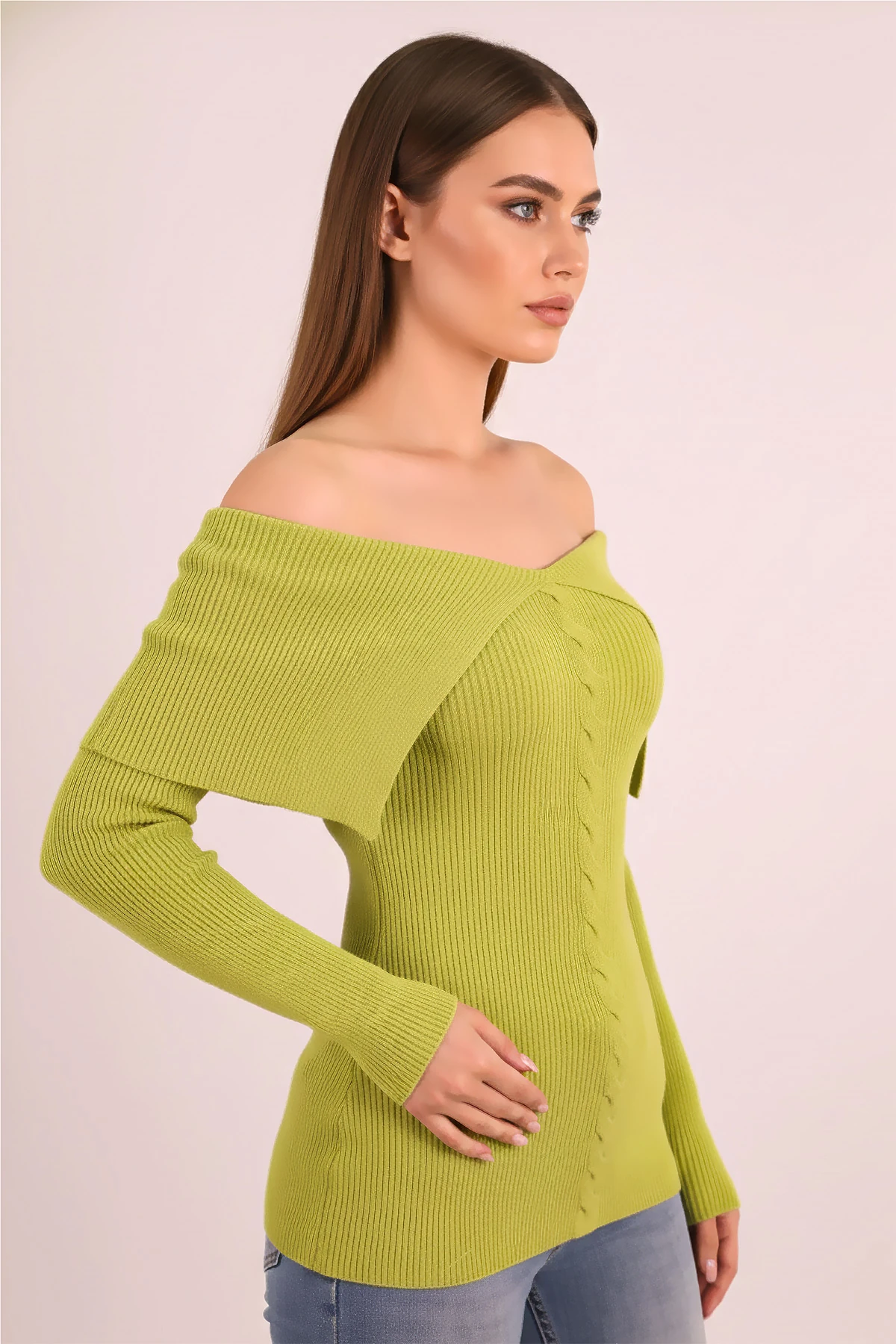 Kadın Açık Yeşil Madonna Yaka Triko Kazak ARM-26K136068