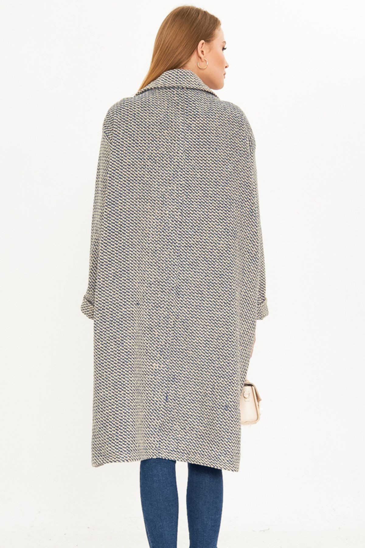 Kadın Mavi Oversize Desenli Kaşe Kaban ARM-25K001099