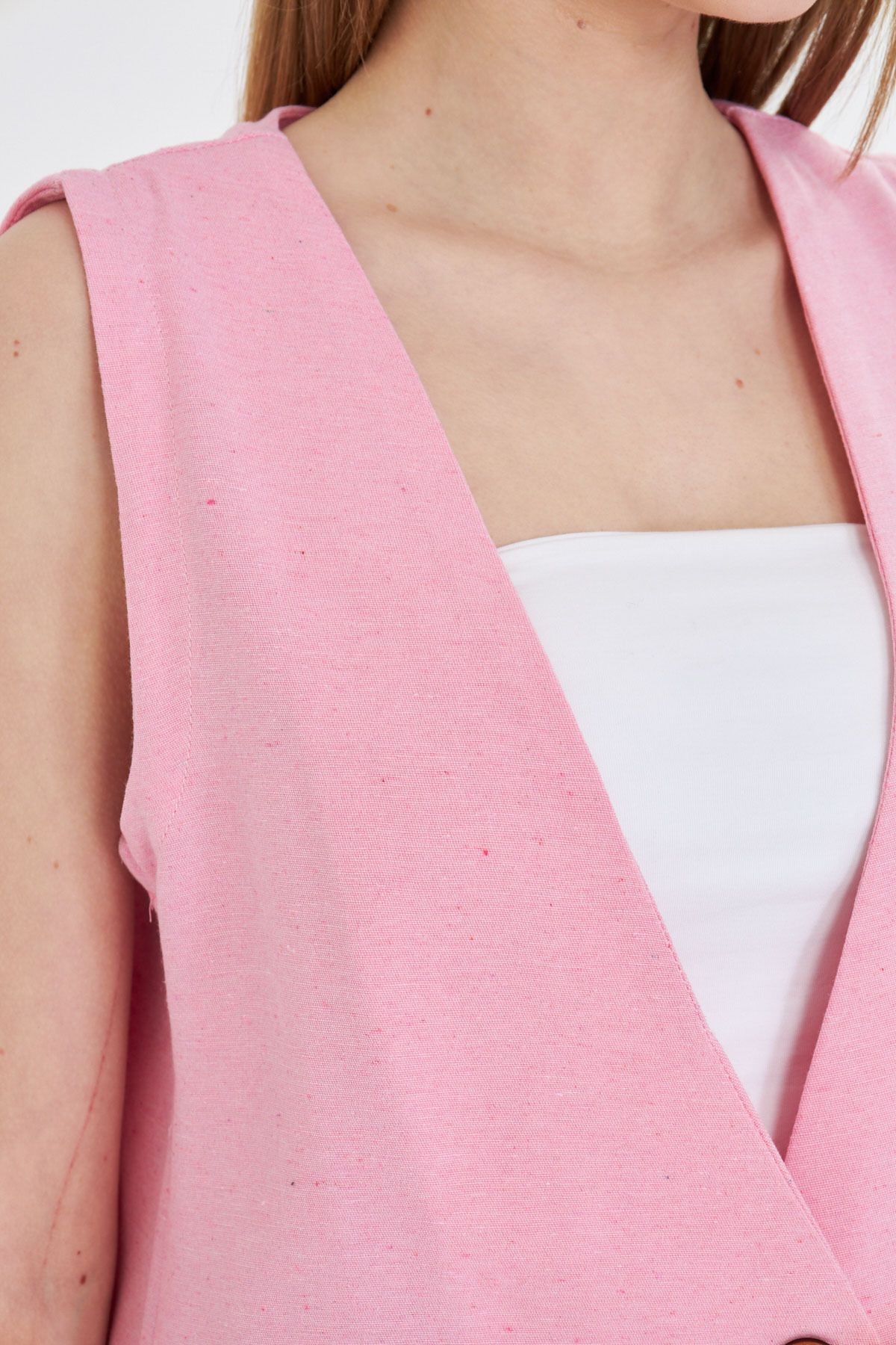 Kadın Pembe V Yaka Tek Düğme Oversize Yelek ARM-25Y001036