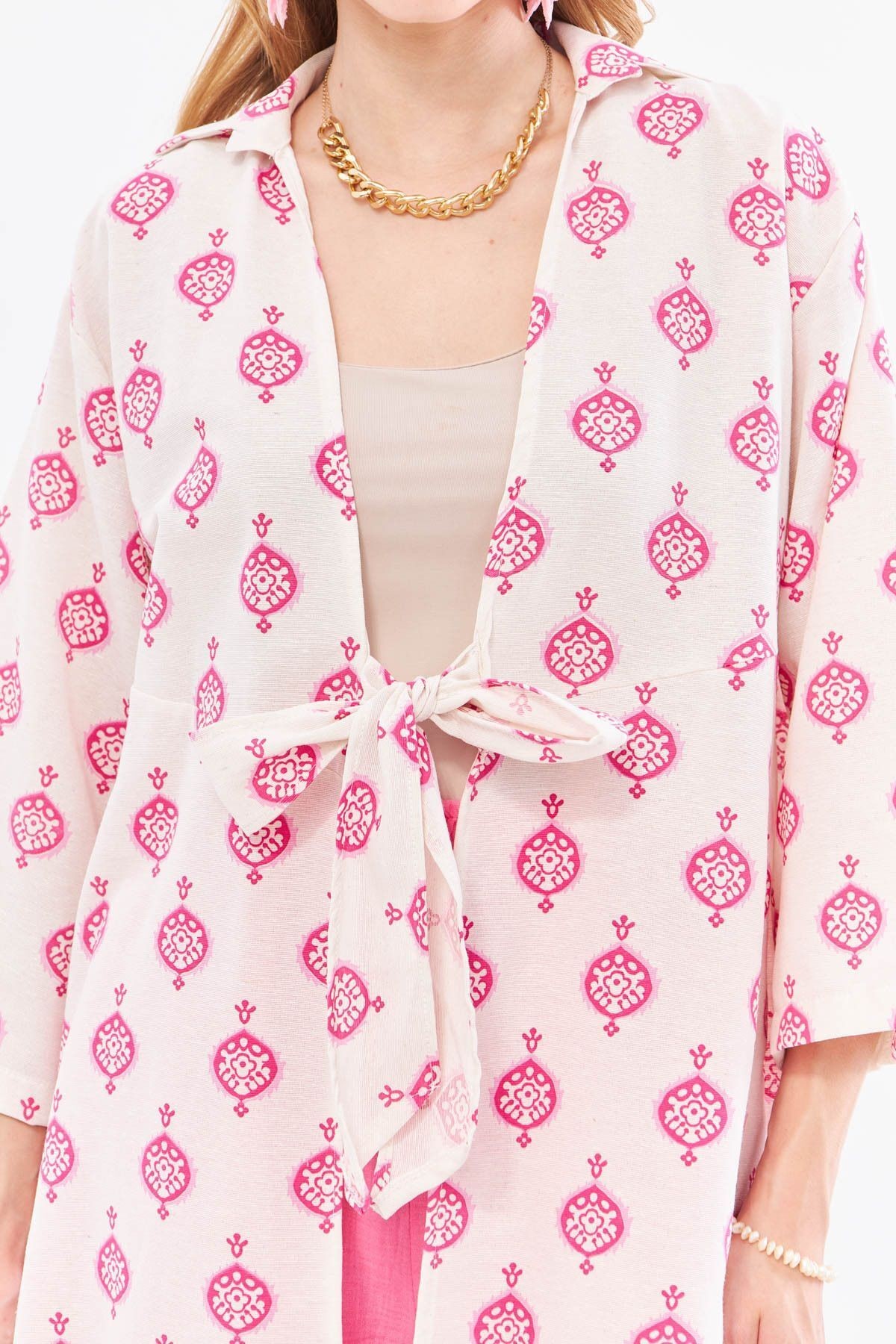 Kadın Fuşya Keten Görünümlü Desenli Önden Bağlamalı Midi Boy Kimono Gömlek ARM-24Y001096