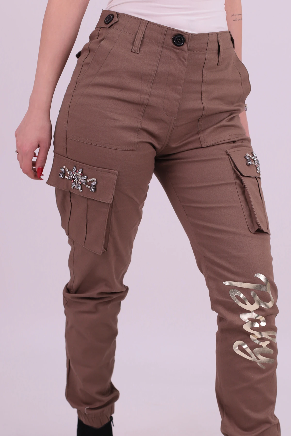 Kadın Vizon Cepleri Taş Detaylı Kargo Cep Pantolon ARM-26K136020