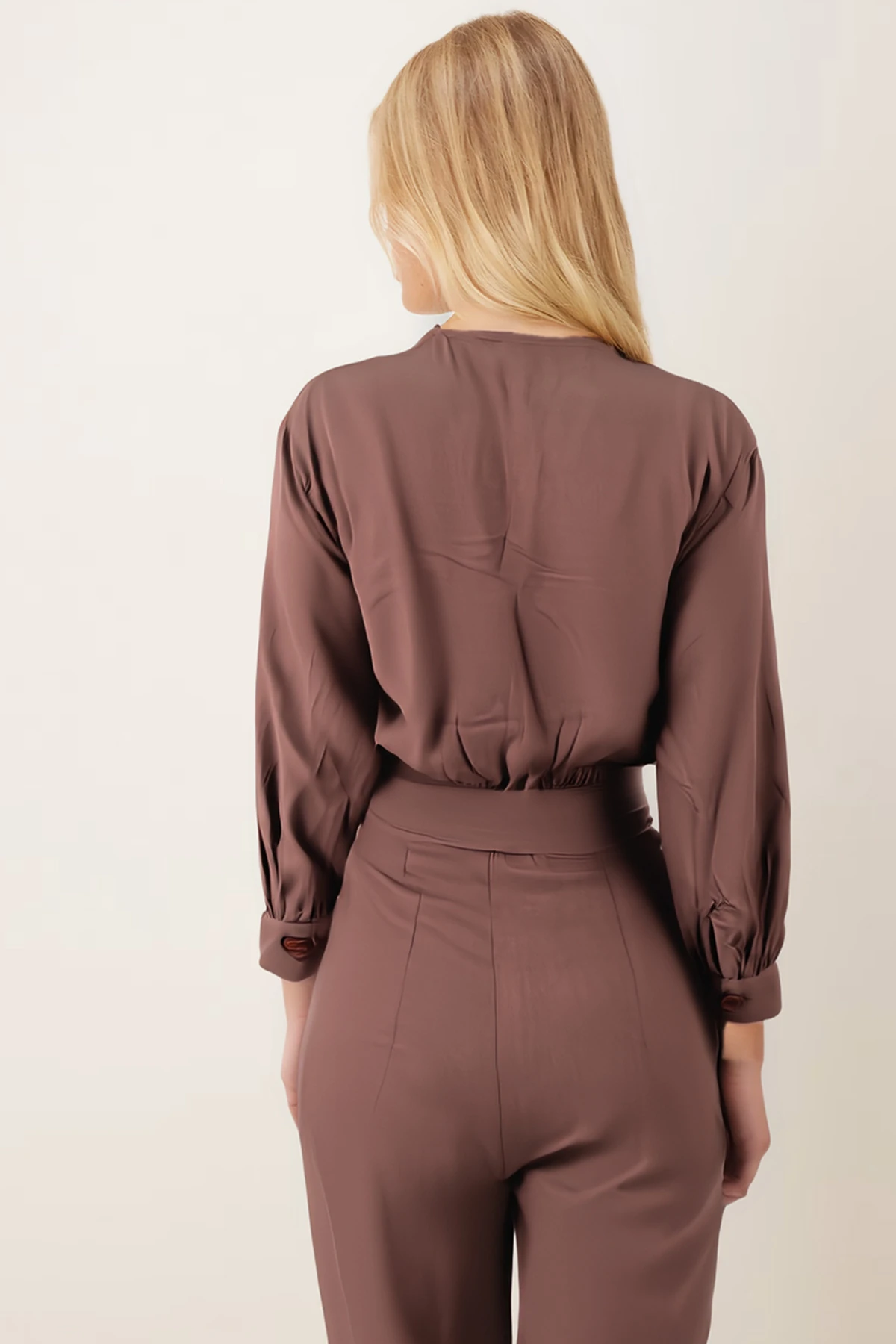 Kadın Vizon V Yaka Beli Kemerli Cepli Tulum ARM-26K136044