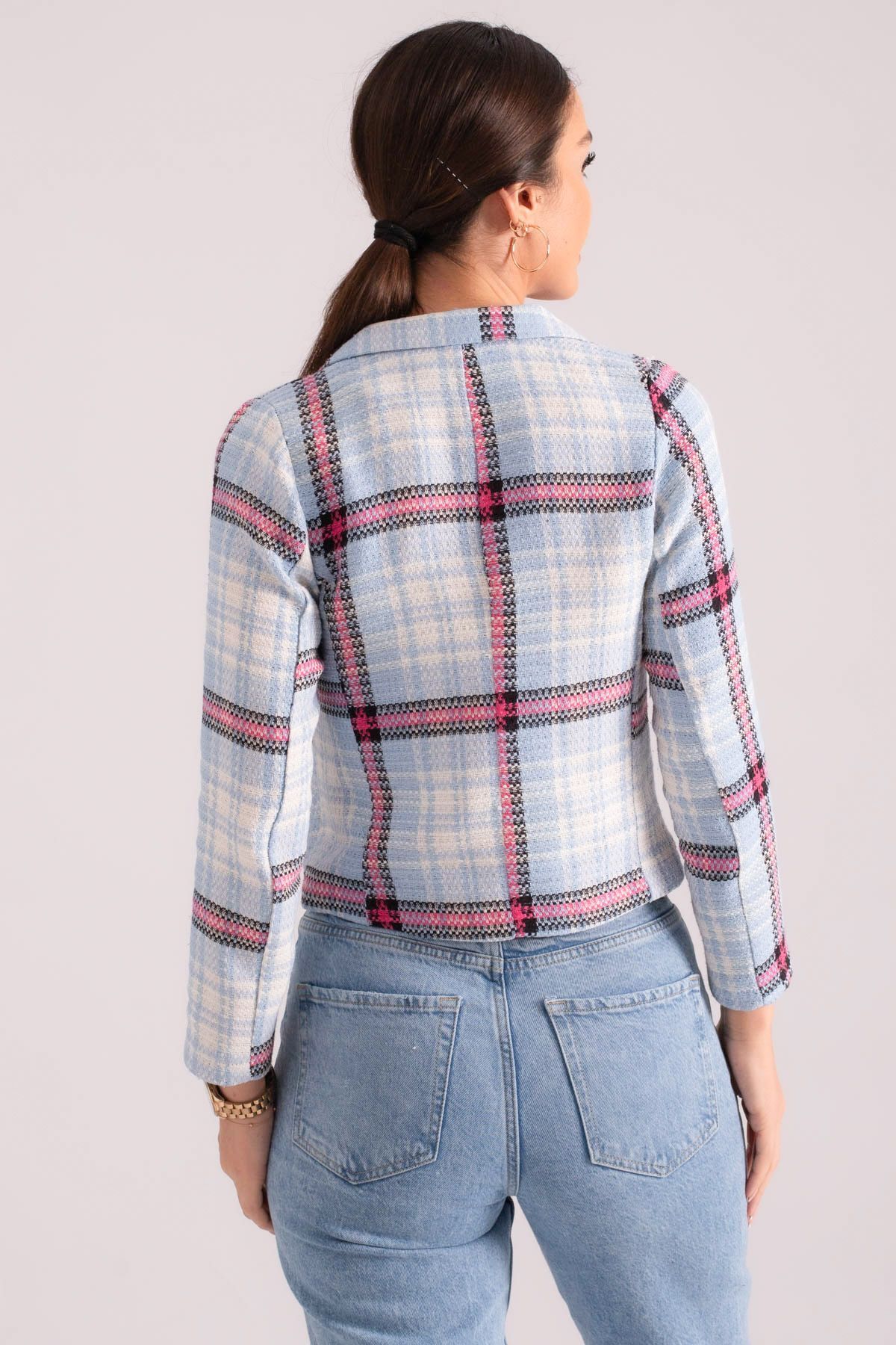 Kadın Mavi-Fuşya Kruvaze Yaka Tüvit Crop Ceket  ARM-24K001014