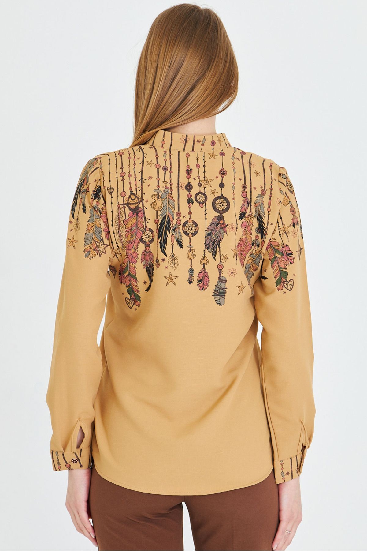 Kadın Camel Hakim Yaka Desenli Gömlek ARM-25Y001013