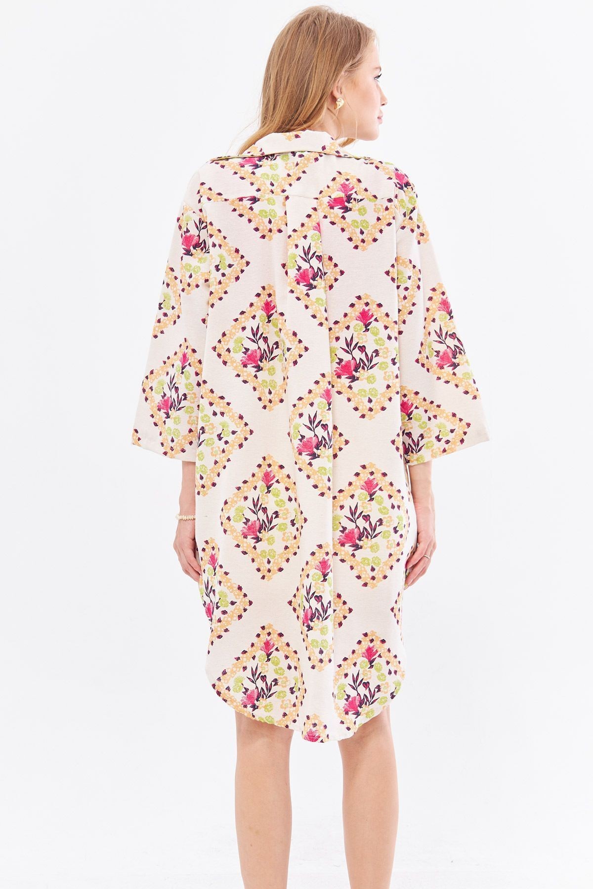 Kadın Açık Fuşya Keten Görünümlü Desenli Önden Bağlamalı Midi Boy Kimono Gömlek ARM-24Y001096