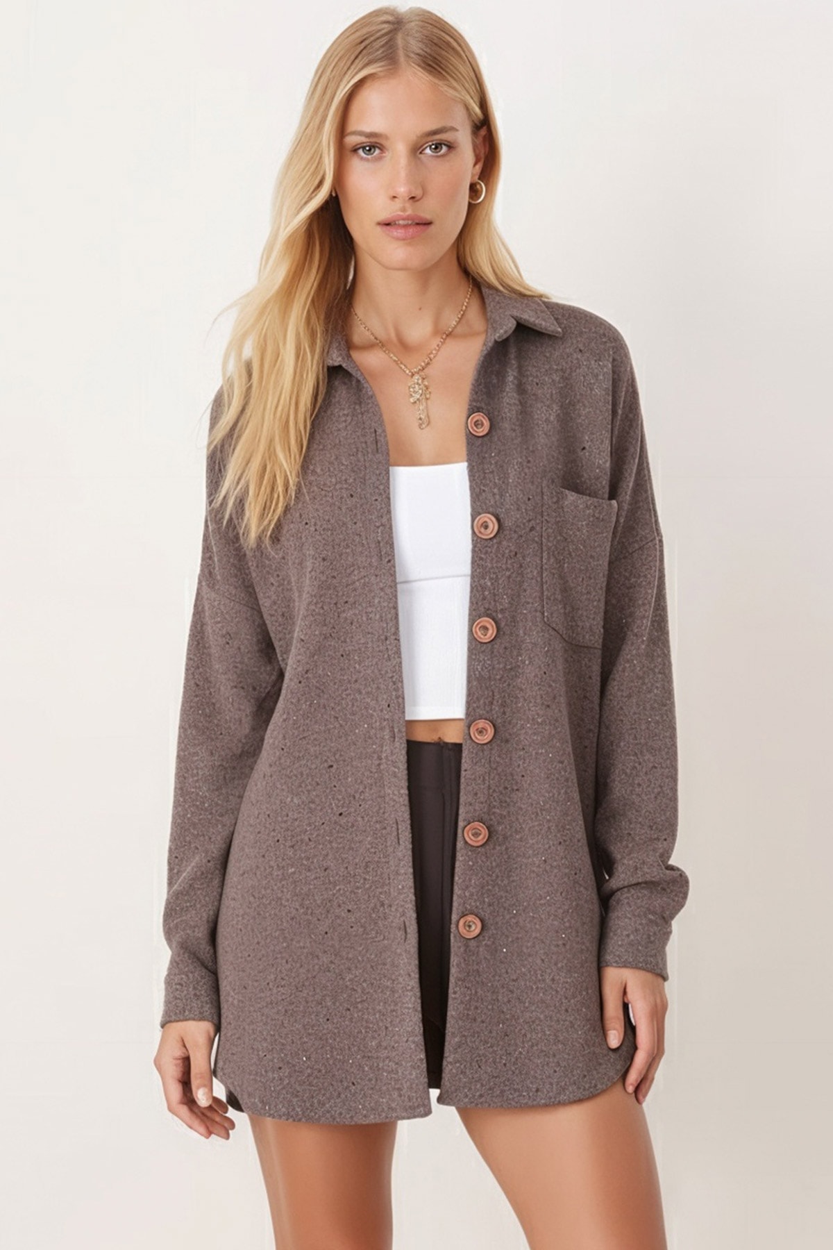 Kadın Açık Kahve Oversize Kaşe Cepli Gömlek ARM-22Y001156