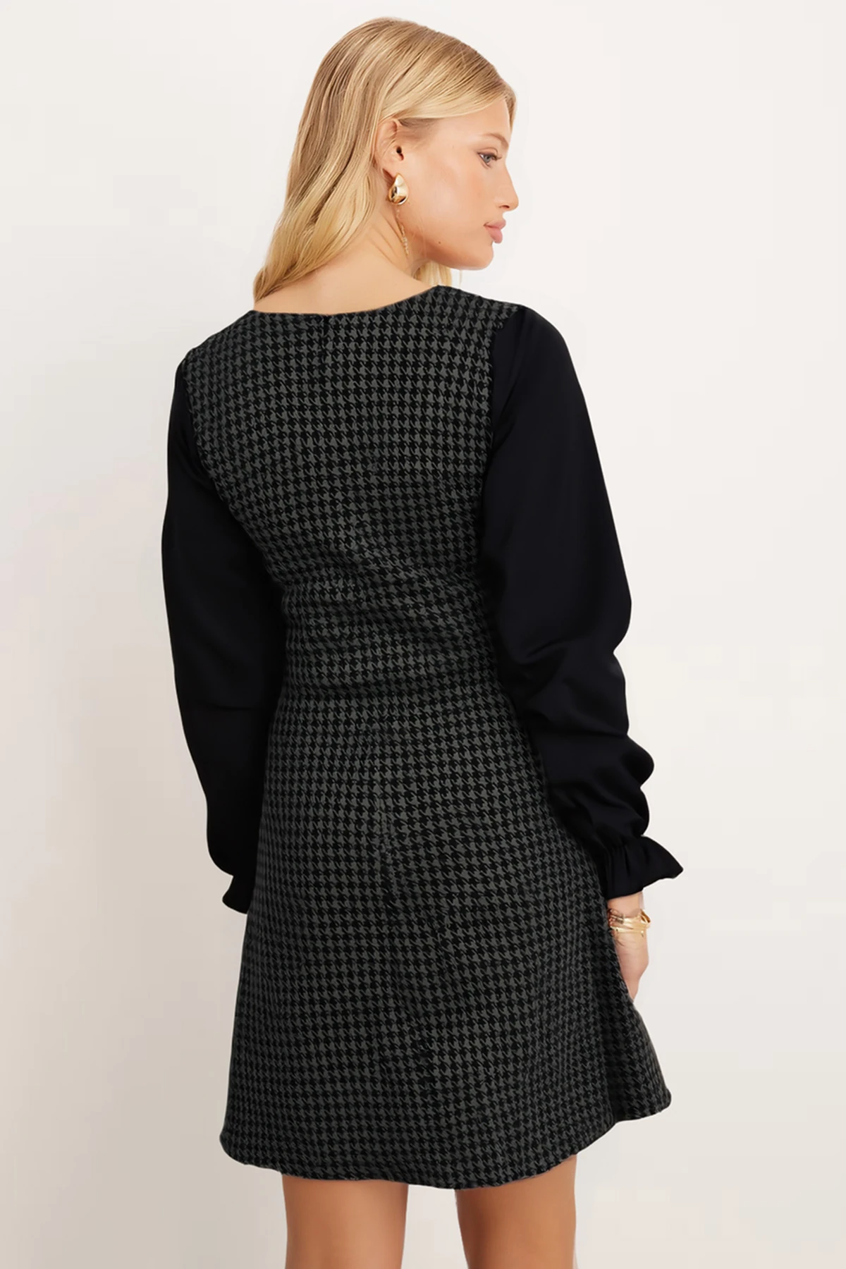 Kadın Haki Ekoseli Kare Yaka Uzun Kol Elbise ARM-22Y001182