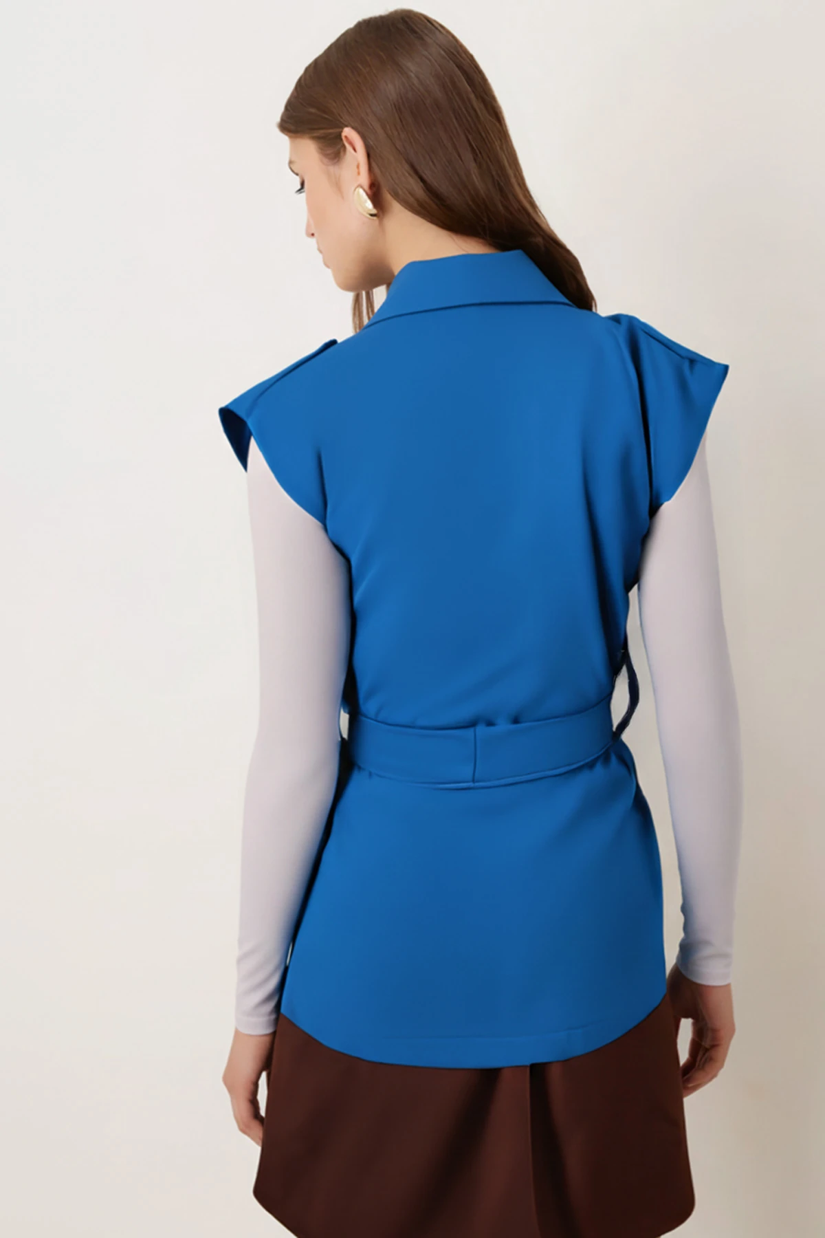 Kadın Mavi Erkek Yaka Beli Kuşaklı Keten Görünümlü Yelek ARM-25Y001079